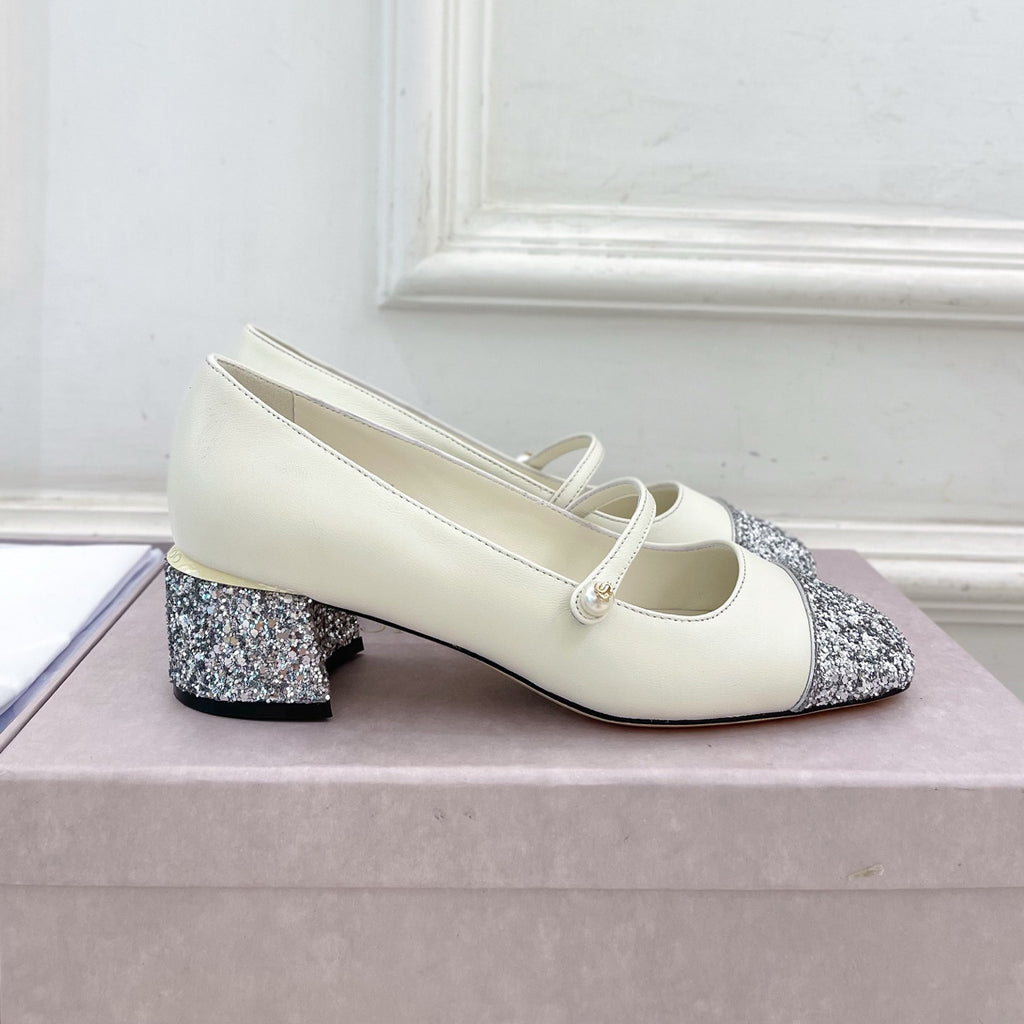 JIMMY CHOO ELISA 45 Women's Spring/Fall Fashion Classic Square Toe Slip On Chunky Heel High-Heel Two Tone Pearl Mary Jane Shoes #79448