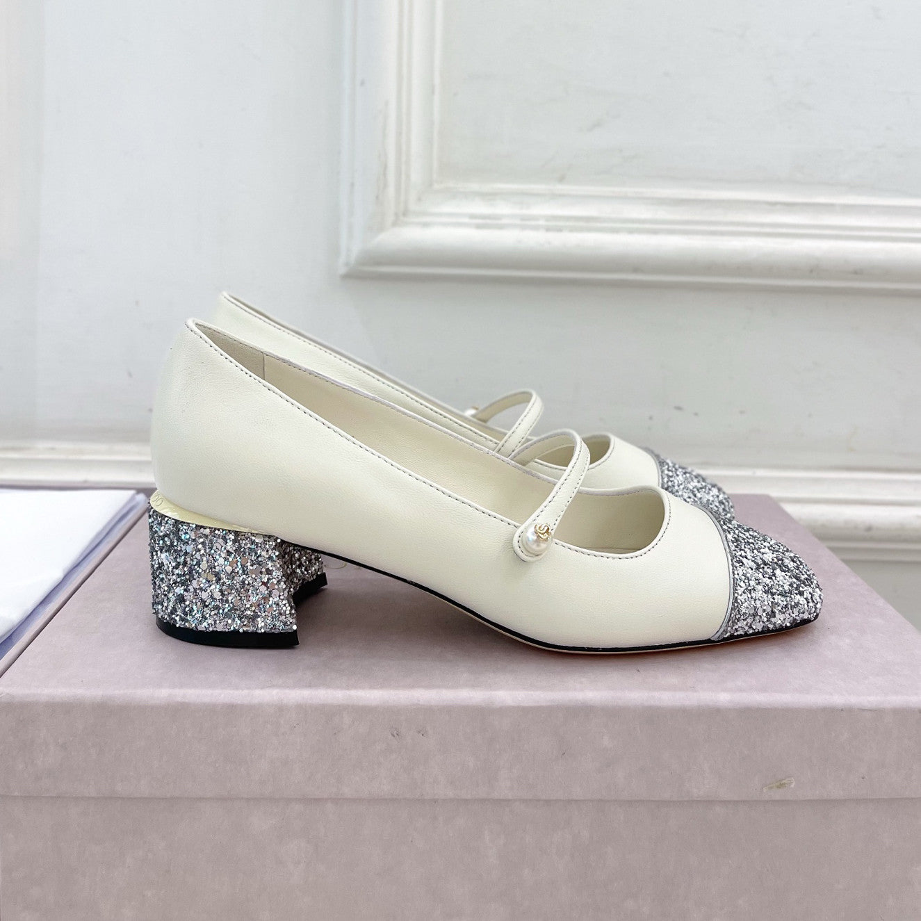 JIMMY CHOO ELISA 45 Women's Spring/Fall Fashion Classic Square Toe Slip On Chunky Heel High-Heel Two Tone Pearl Mary Jane Shoes #79448