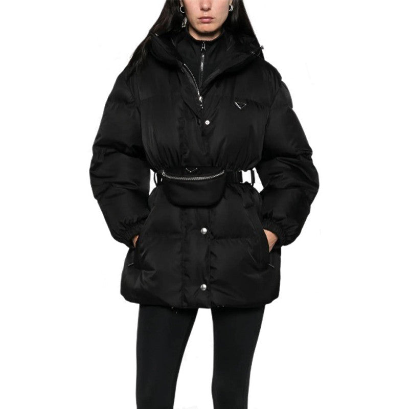 Prada Women's Autumn/Winter Single-Breasted Nylon Belt Long-Sleeved Solid Color Hooded Puffer Down Jacket Ngvp #81482