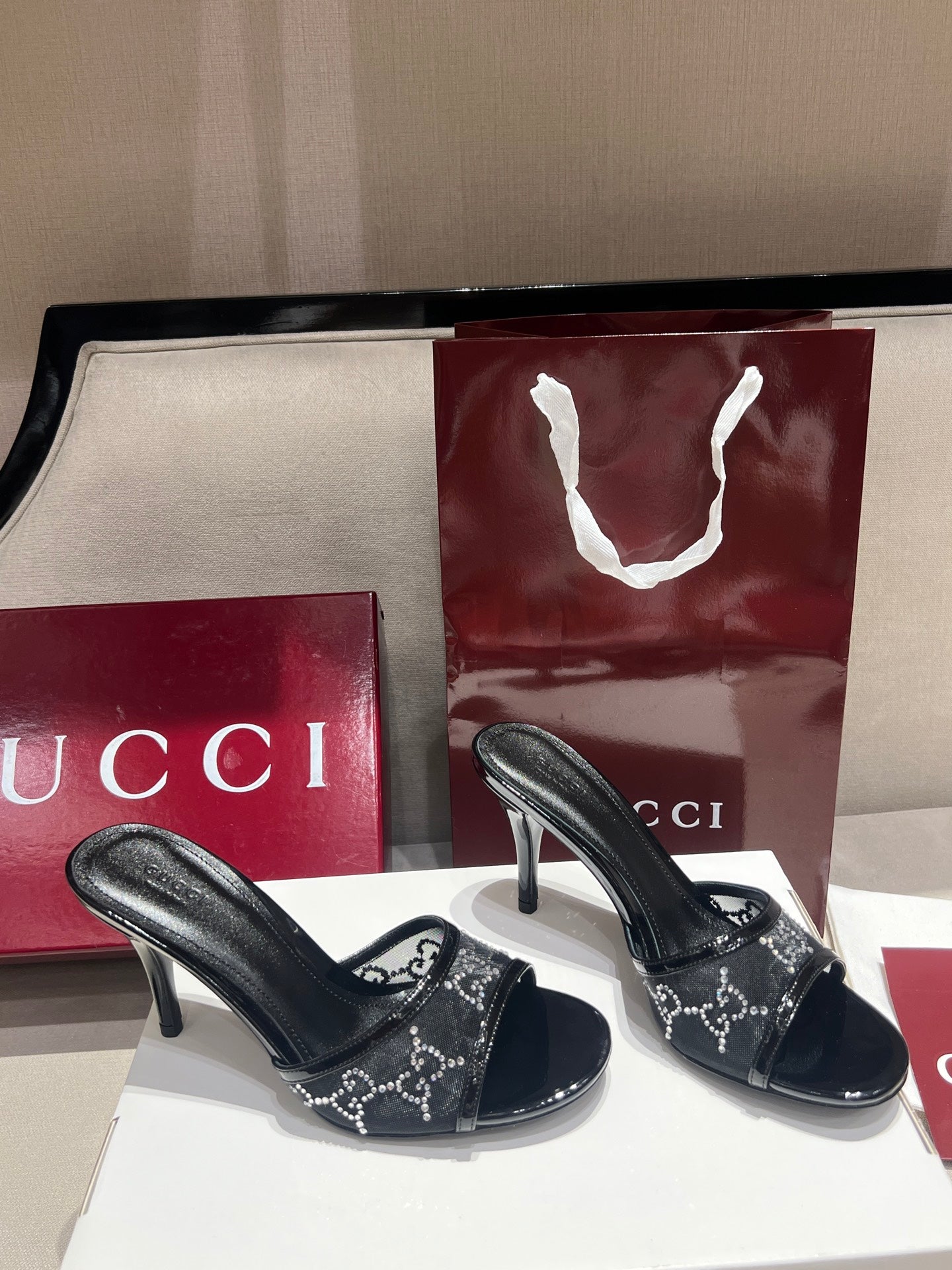 Gucci Women's Crystal Slide Sandal in Black GG Crystal Mesh#380127