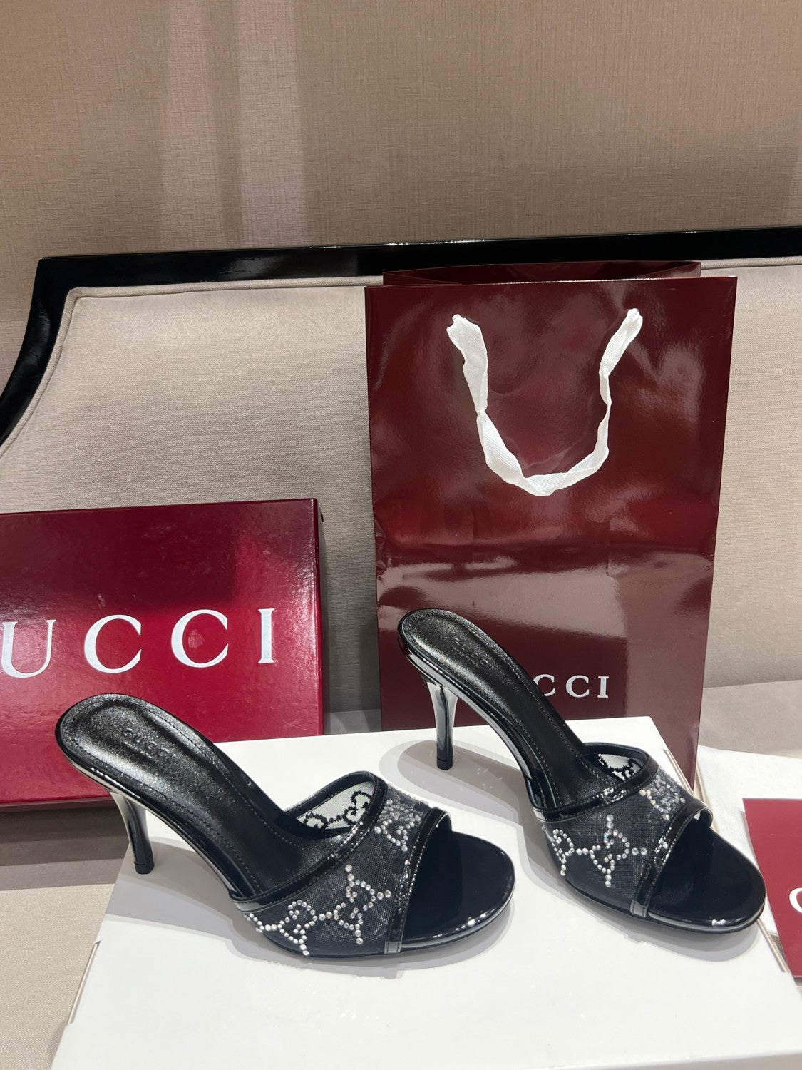 Gucci Women's Crystal Slide Sandal in Black GG Crystal Mesh#380127