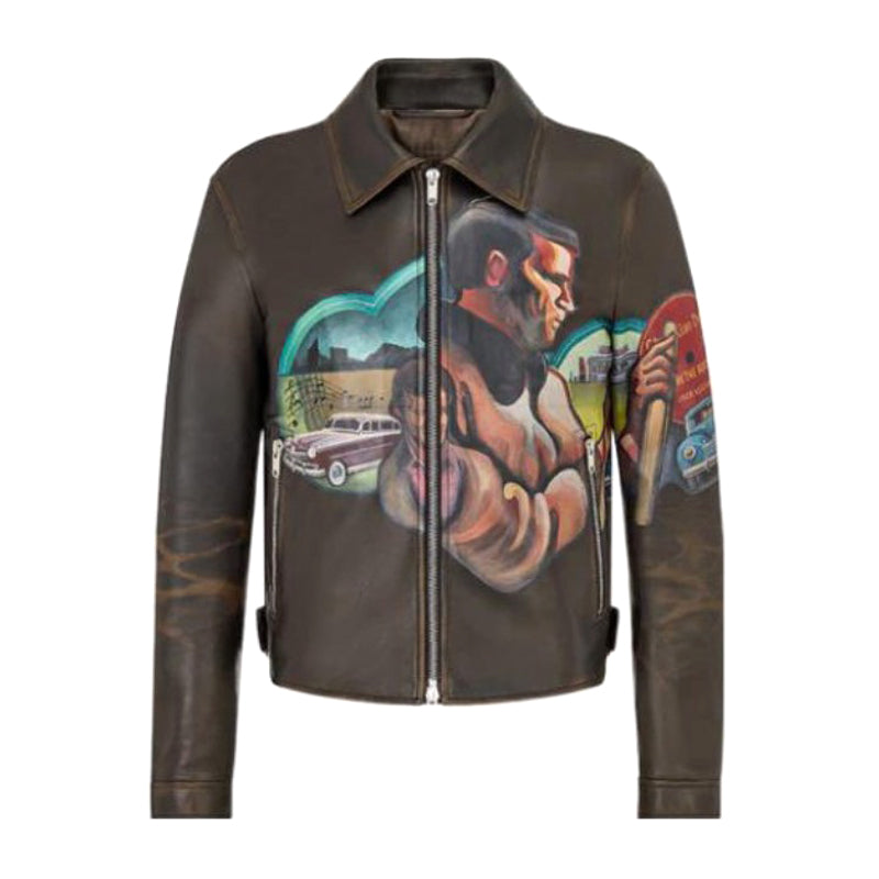 Dior Men's Fall/Winter Character Print Brown Zipper Lapel Leather Jacket #72144