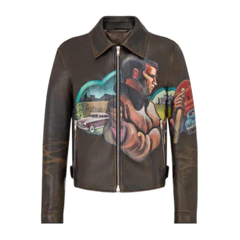 Dior Men's Fall/Winter Character Print Brown Zipper Lapel Leather Jacket #72144