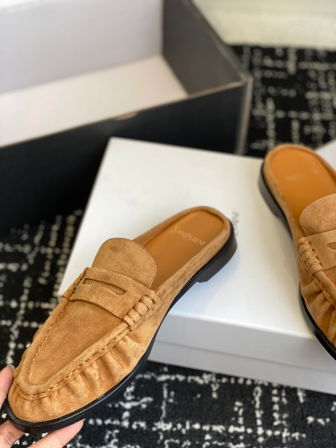 Saint Laurent LE LOAFER Women's Fashion Casual Round Toe Slip On Half Slip On Logo Leather Loafer Mule Shoes #78444