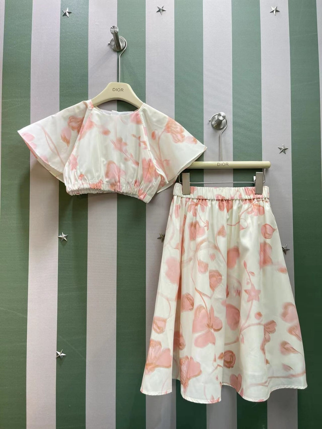 Dior Kid's Summer Floral Print Short Chiffon Top Casual Long Half-body Skirt Set #31315