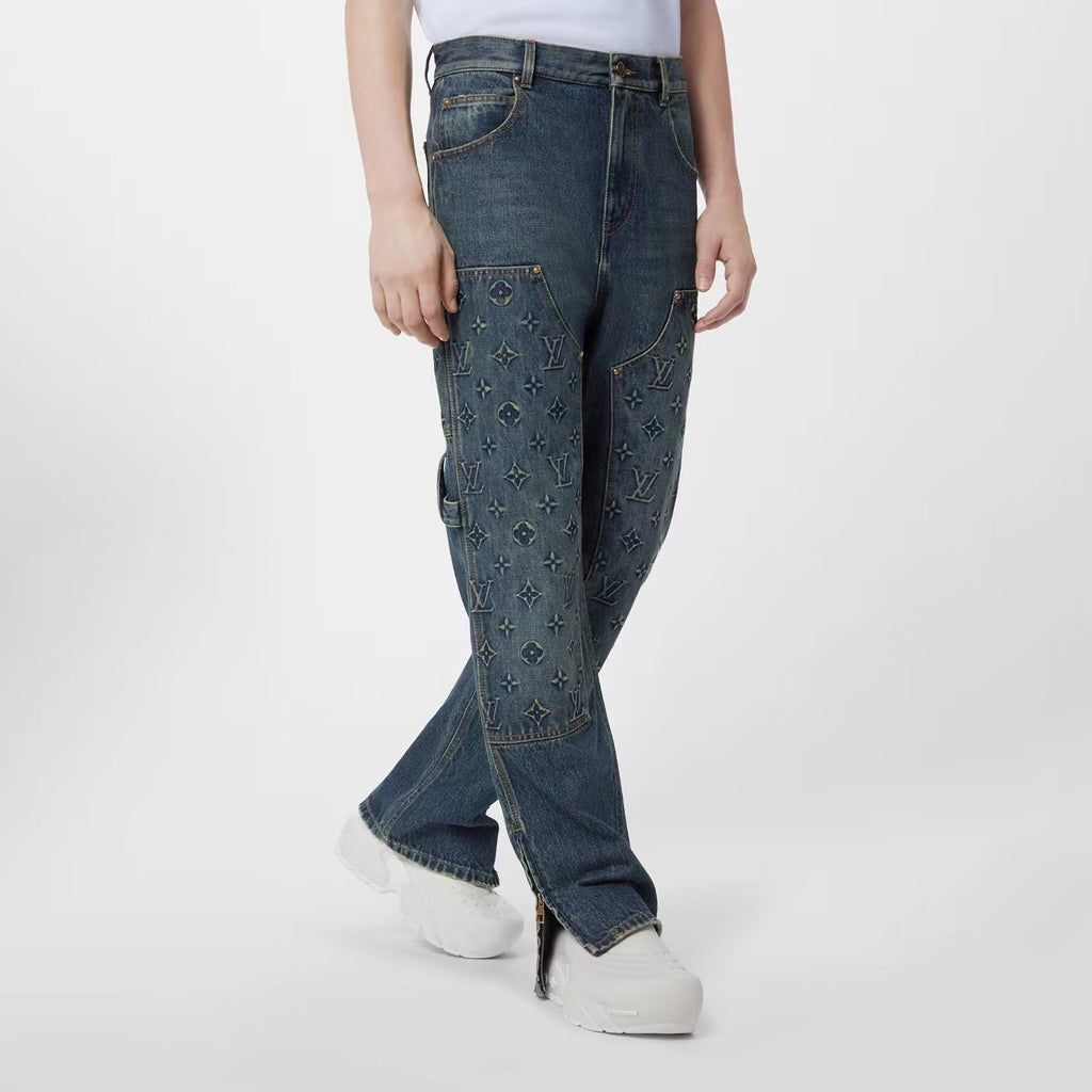 Louis Vuitton Men's Spring/autumn Fashion Casual Classic Logo Embossed Loose Straight Leg Workwear Denim Pants #78388