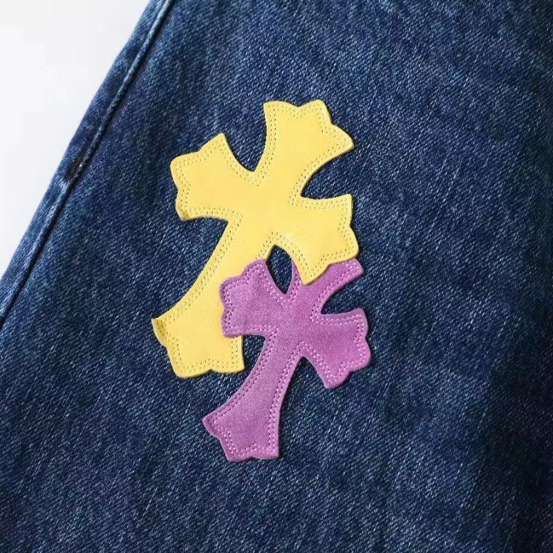 Chrome Hearts Men's and Women's Spring and Fall Cross Calfskin Labeled Blue Jeans Pants #76119