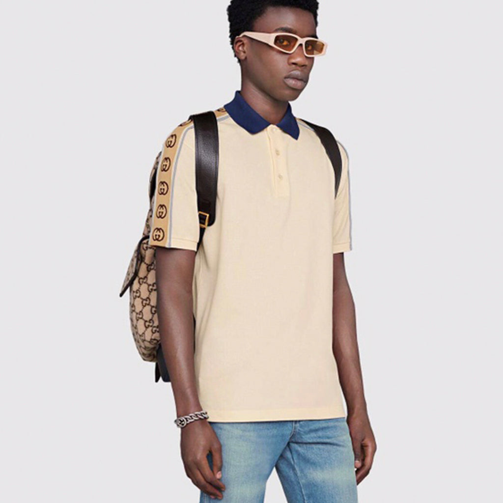 Gucci Men's Summer Double G Logo Striped Polo Shirt Color Block Button Cotton Casual Fit T-shirt #71282