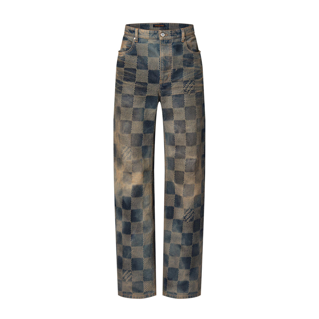 Louis Vuitton Men's Spring And Fall Logo Jacquard Checkerboard Pattern Pocket Single Breasted Denim Jacket Pants Suit Set #72956