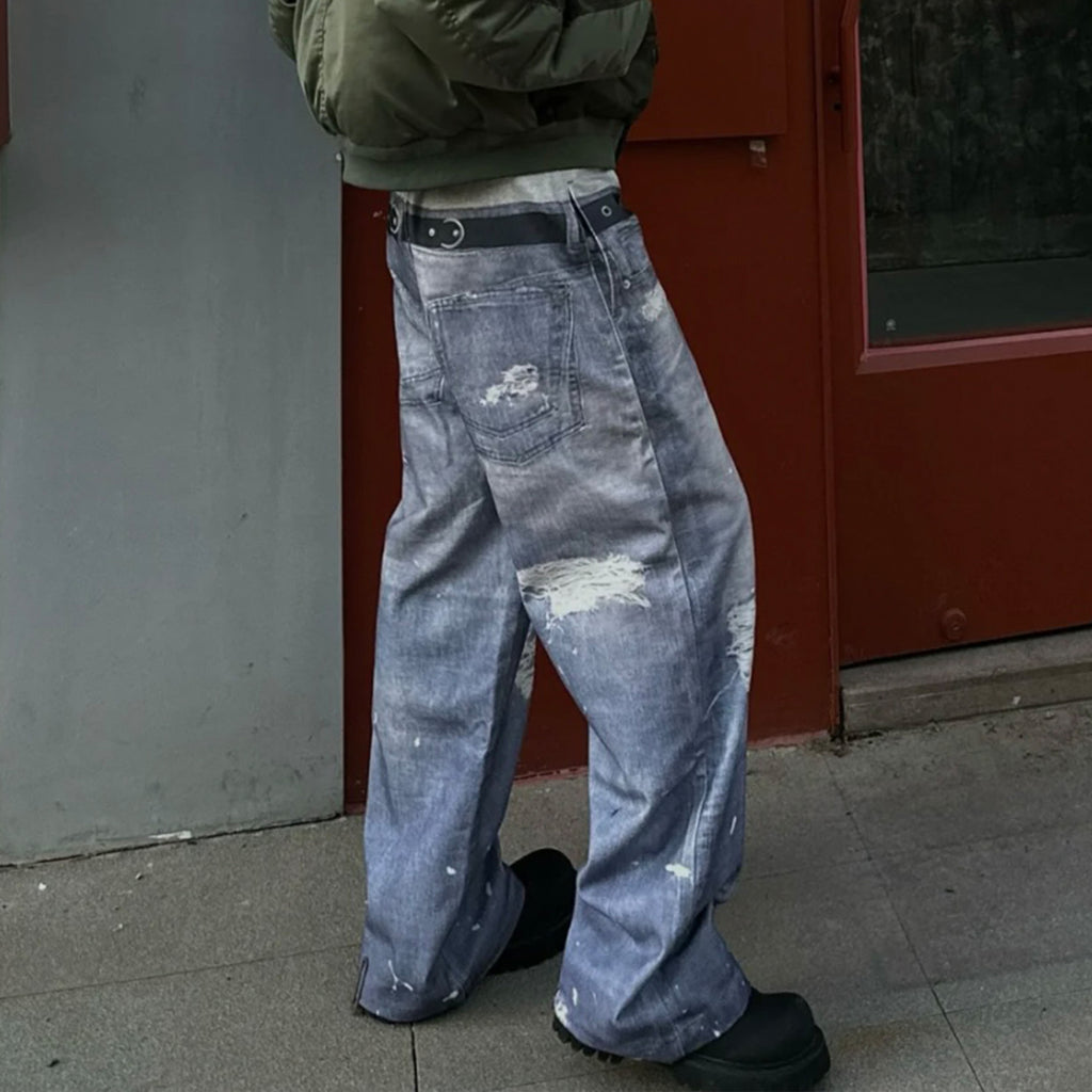 GRAILZ Project G/R   Men's Printed Denim Pants Old High Street Vintage Jeans Loose Wide Leg Straight Trousers #81387