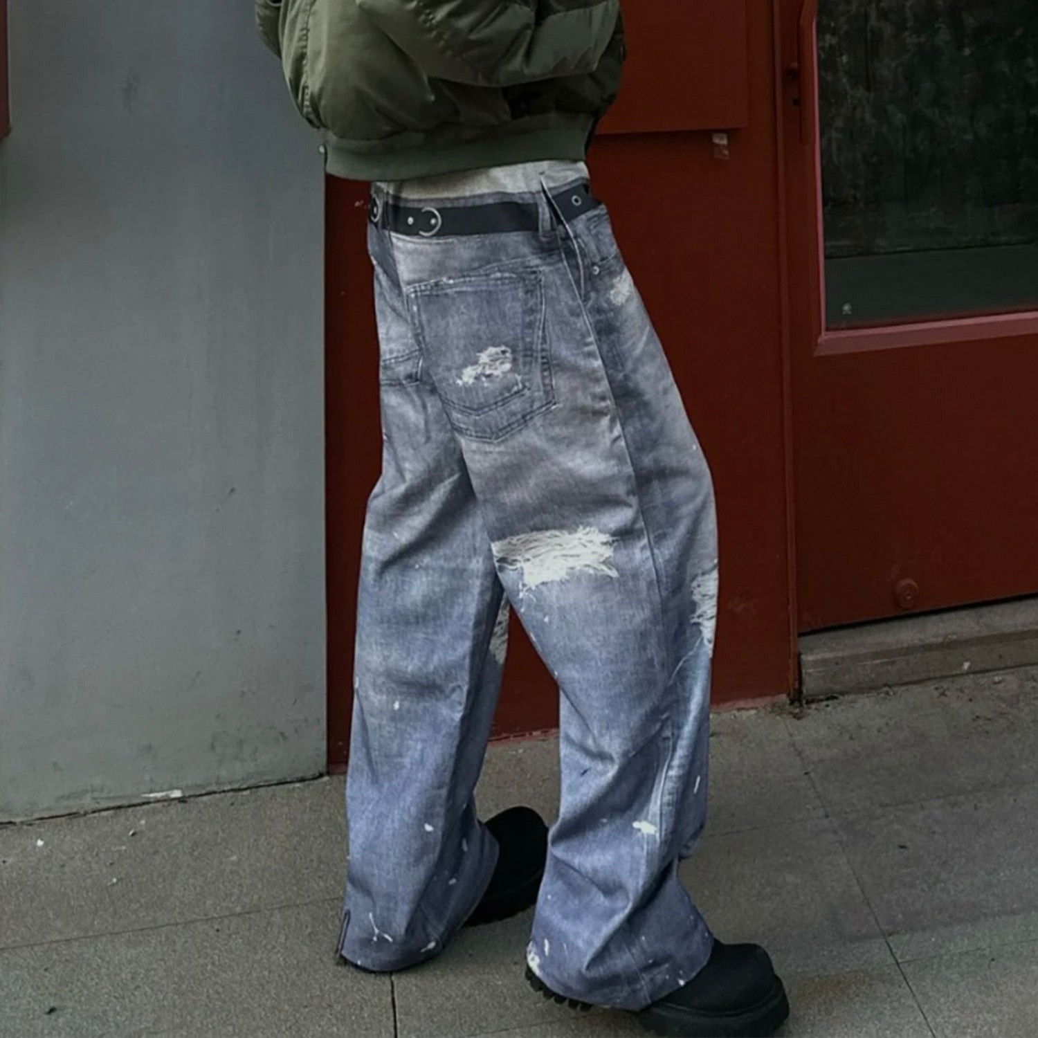 GRAILZ Project G/R   Men's Printed Denim Pants Old High Street Vintage Jeans Loose Wide Leg Straight Trousers #81387