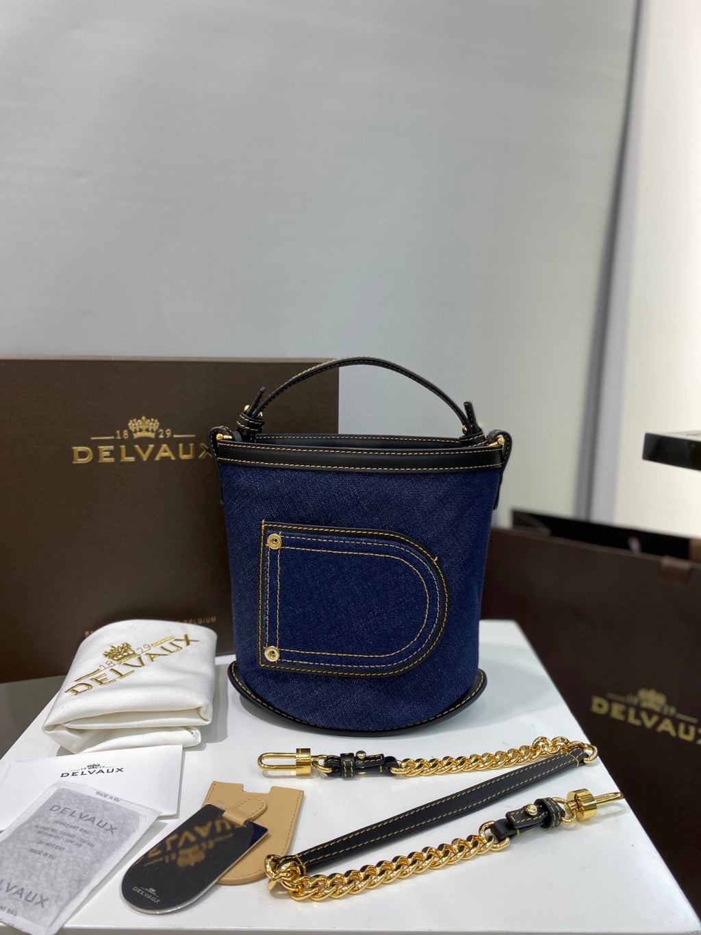 Delvaux Pin Bucket Women's Outer Stitching Solid Color Denim Patchwork Leather Tote Shoulder Bag Bags #76453