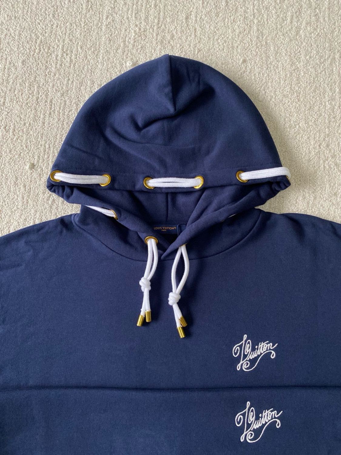 Louis Vuitton Men's Blue Rope Knot Embroidered Logo Pattern Casual Drawstring Hooded Sweatshirt #99717