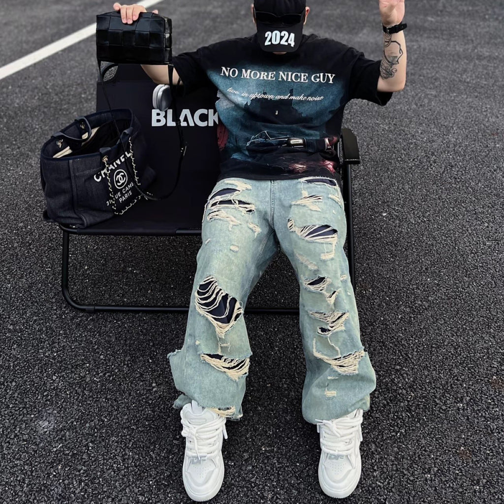 Balenciaga Men's Women's Four Seasons Fashion Destroyed Denim Trousers Blue Double Layer Casual Fit Straight Jeans Pants Ngvp #8933