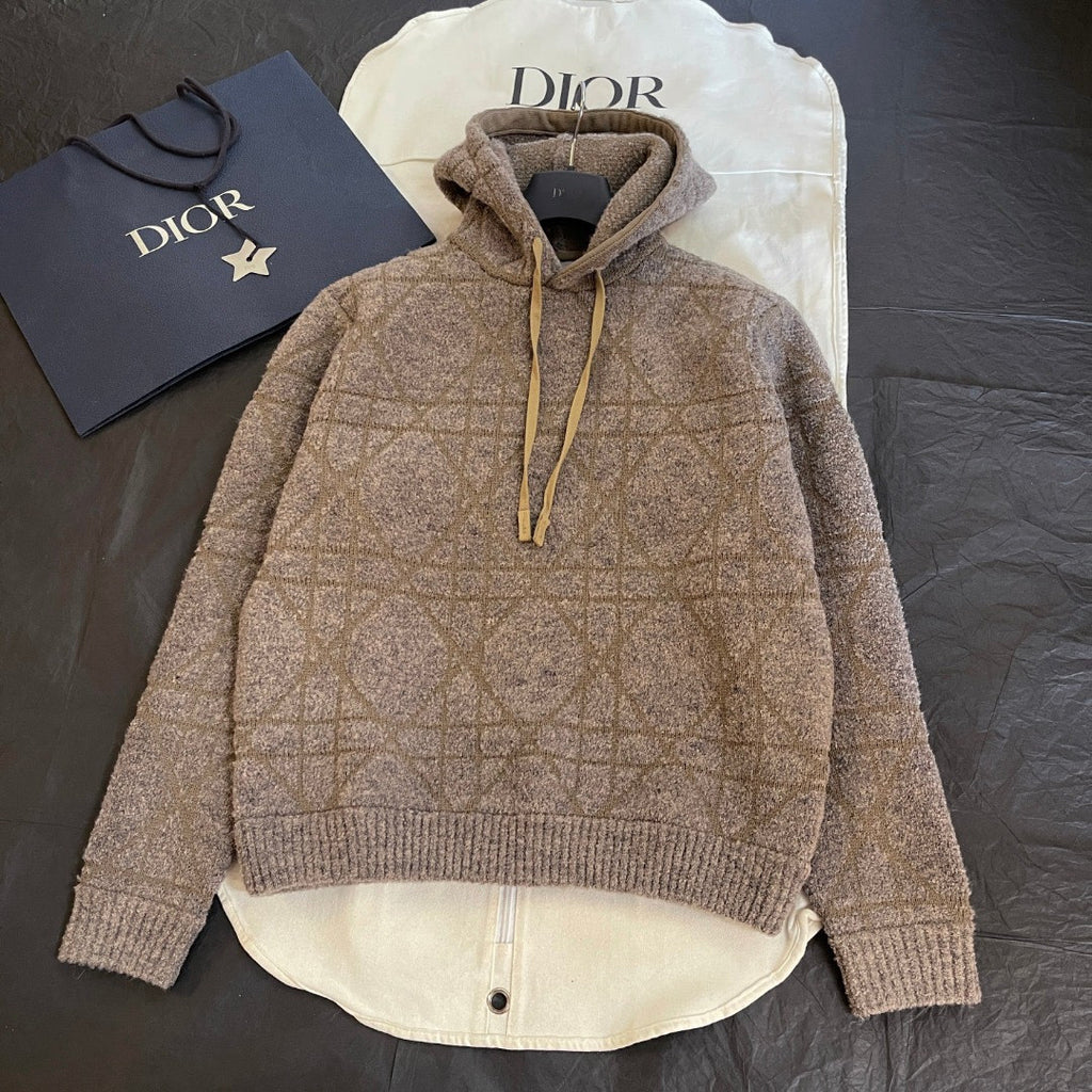 DIOR Cannage Hooded Sweatshirt Beige Cotton and Wool Blend Knit#336735