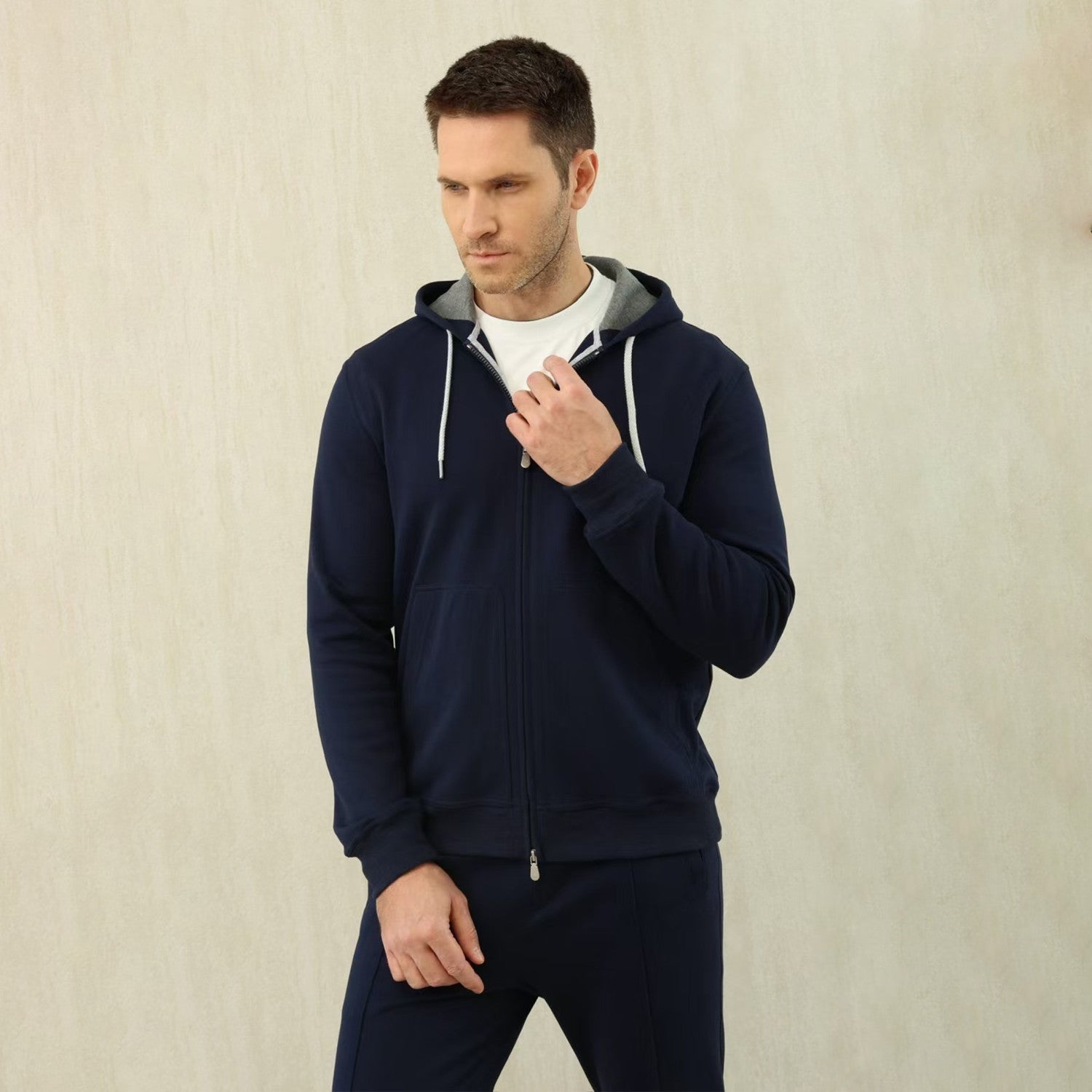 Brunello Cucinelli Men's Solid Colour Hooded Zip Sweatshirt Jacket Drawstring Comfort Straight Trousers Pants Sweatpants Suit Set  #81324