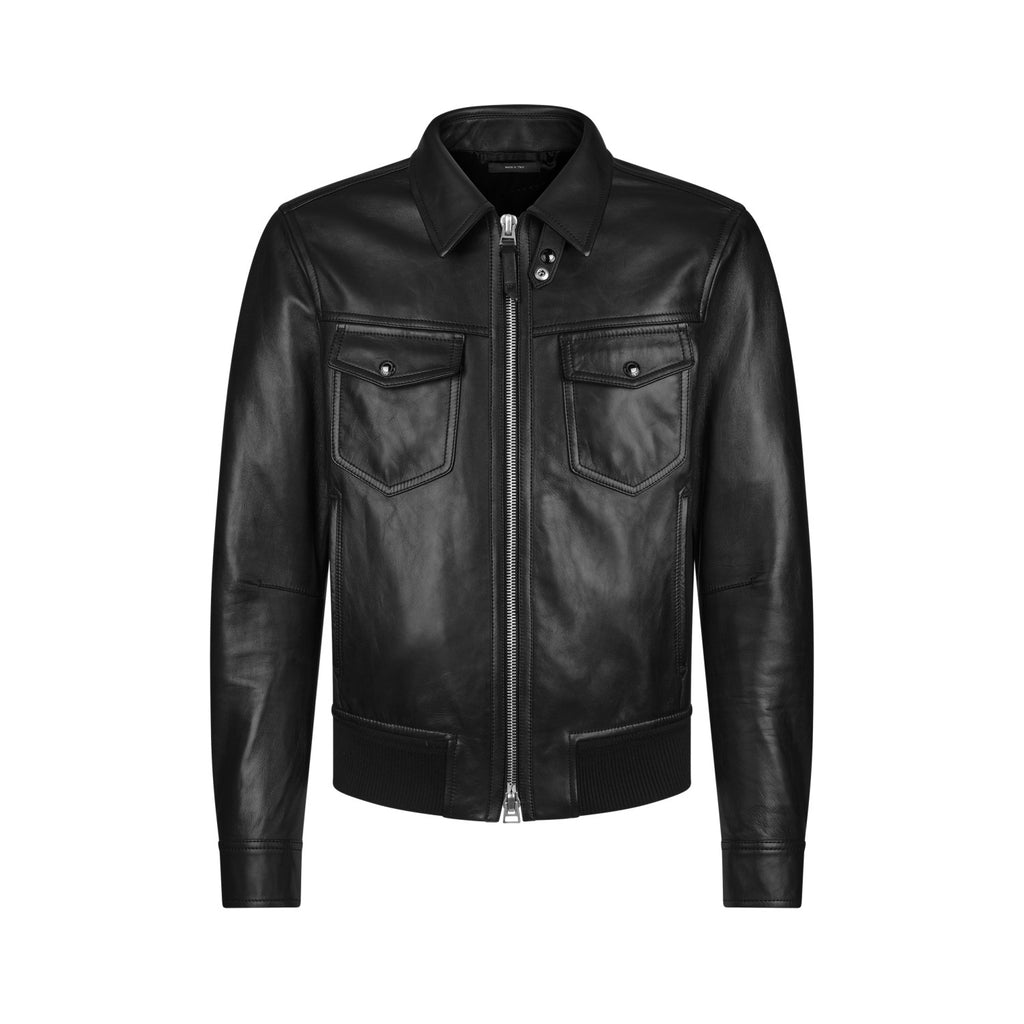 Tom Ford Men's Fall/Winter Fashion Casual Solid Color Collared Zipper Leather Motorcycle Jacket #79165