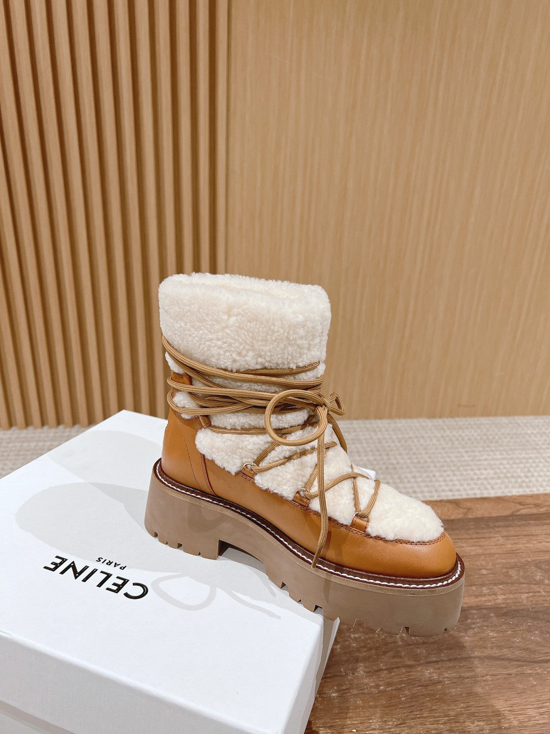 Celine Bulky Lace Up Boot in Shearling and Calfskin #292286