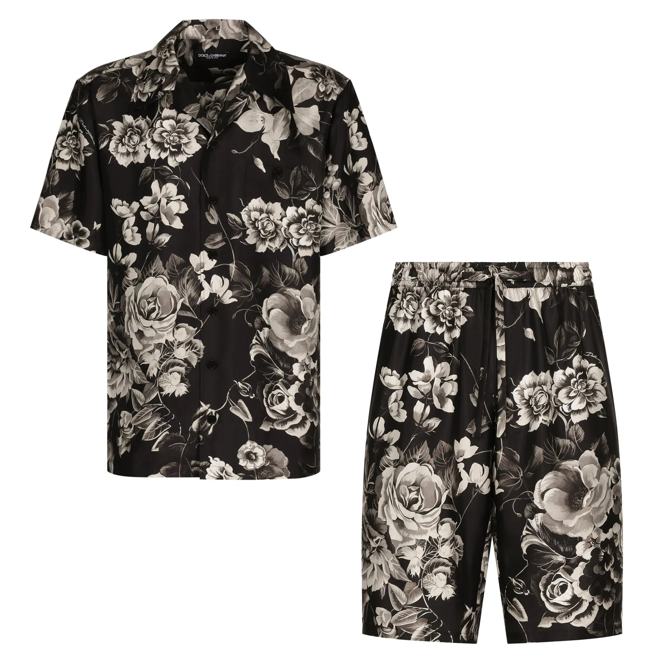 Dolce&Gabbana Men's Spring And Summer Floral Print Silk Shirt Shorts Suit Set Lapel Single-Breasted Short-Sleeved Shirt Top Straight Comfortable Casual Shorts Ngvp #1485