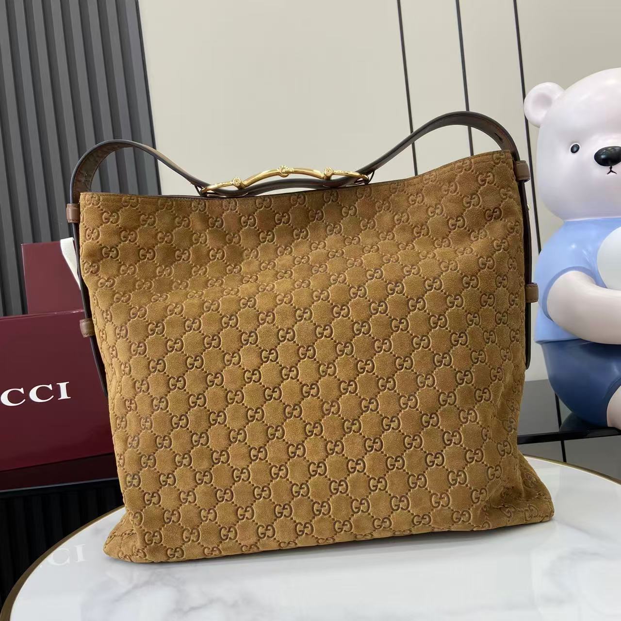 Gucci Beatrix Large Tote Bag Brown Gg Suede Material Gold Horseneck Buckle Shoulder Backpack Exquisite And Elegant Women's Bags #193451