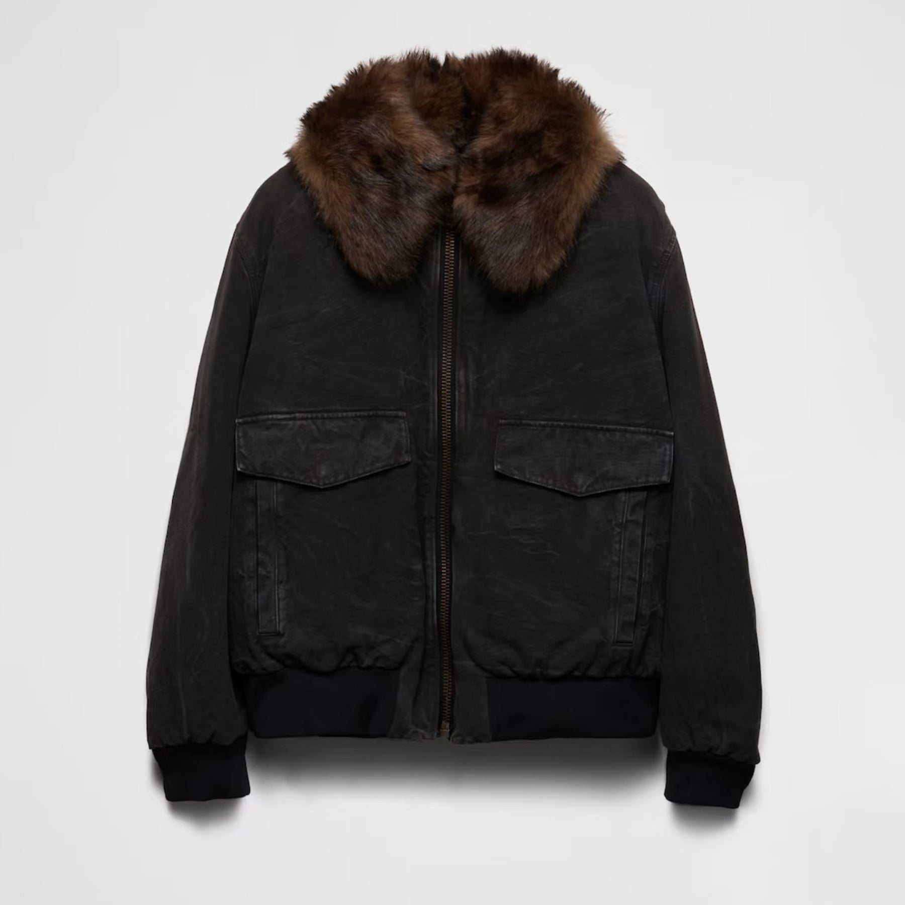 Prada Men's Fall And Winter Hair Collar Black Cotton Jacket Fashion Trend Warm Casual Zipper Short Jacket Coat Ngvp #2196