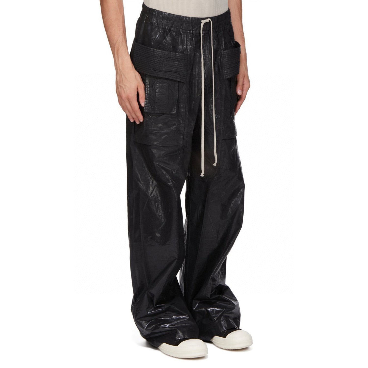 Rick Owens DRKSHDW Men's Spring Summer Waxed Double Loop Wide Leg Trousers Black High Street Shiny Loose Drawstring Straight Leg Trousers Drawstring Pants  Ngvp #1346