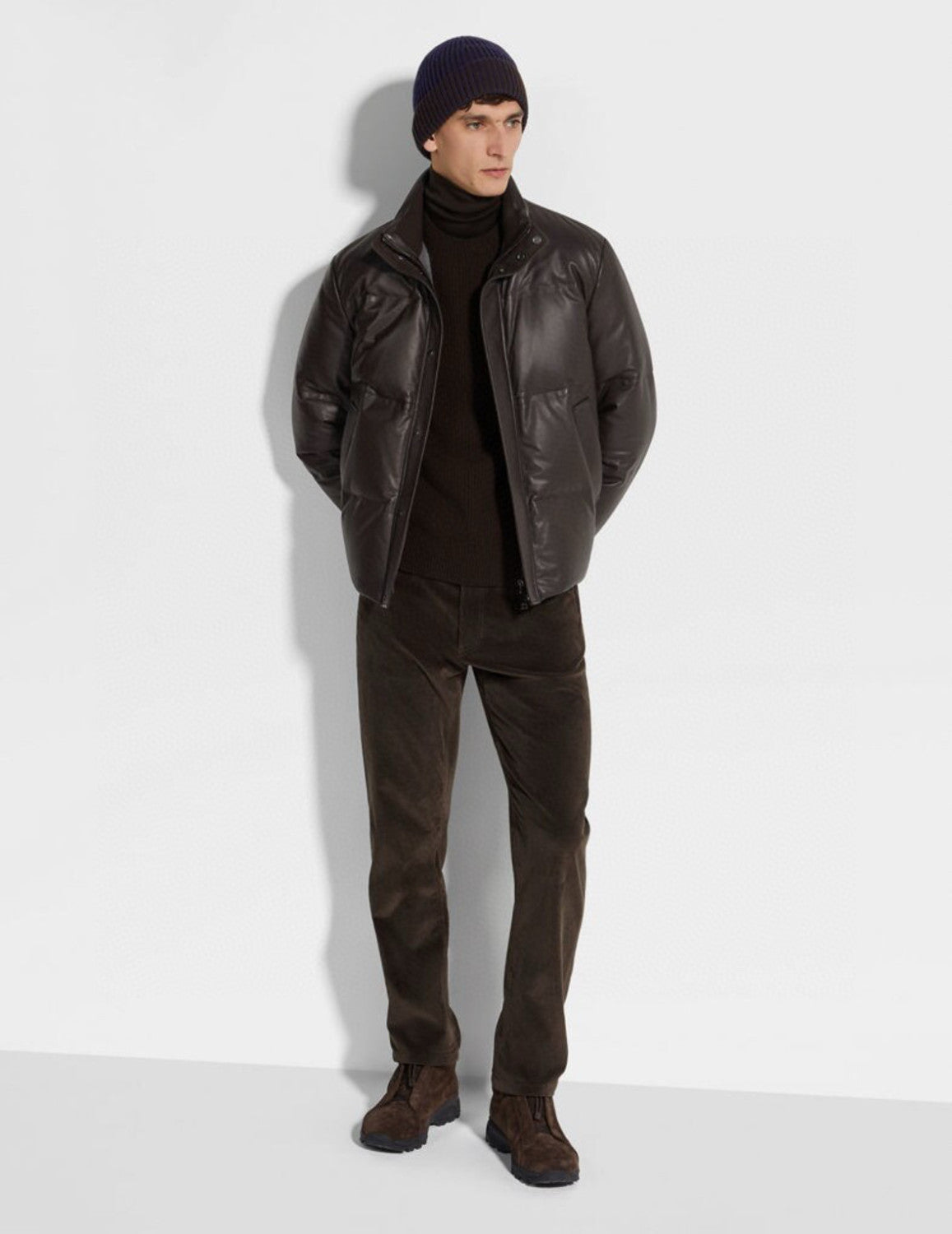 Ermenegildo Zegna Men's Fall And Winter Leather Down Zipper Stand-up Collar Jacket Temperament Casual Fashion Warm Jacket Ngvp #2644