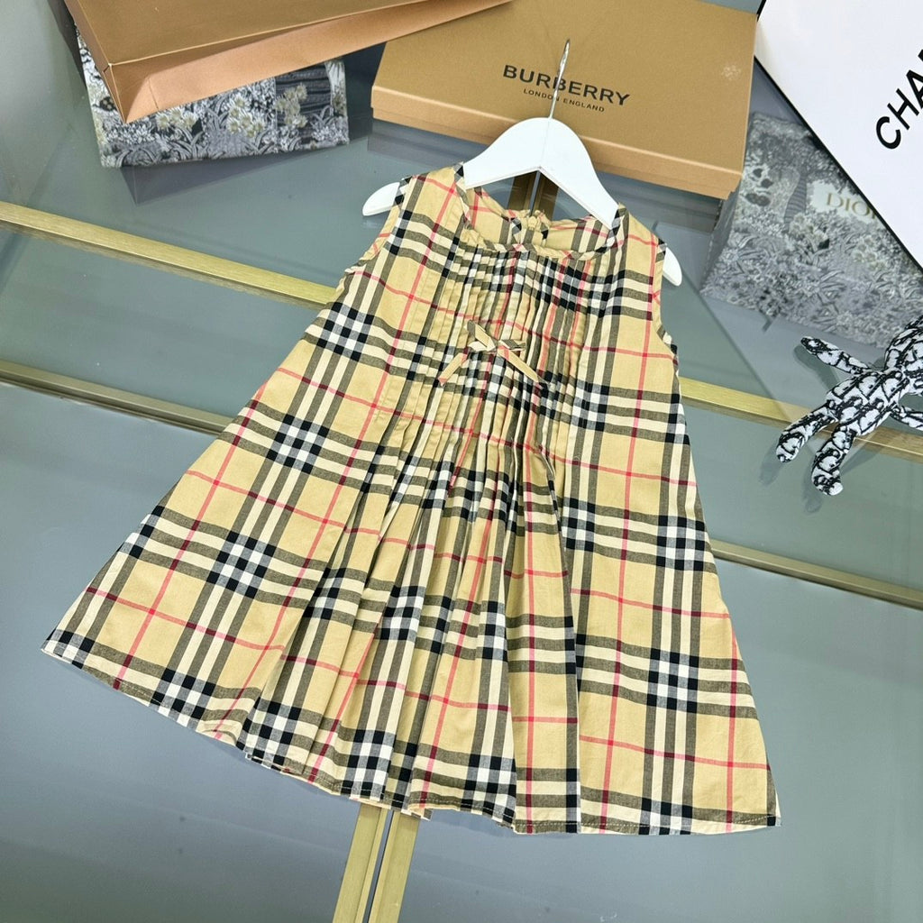 Burberry Kid's Summer Plaid Full Print Cotton Round Neck Short Pleated Sleeveless Dress #31313