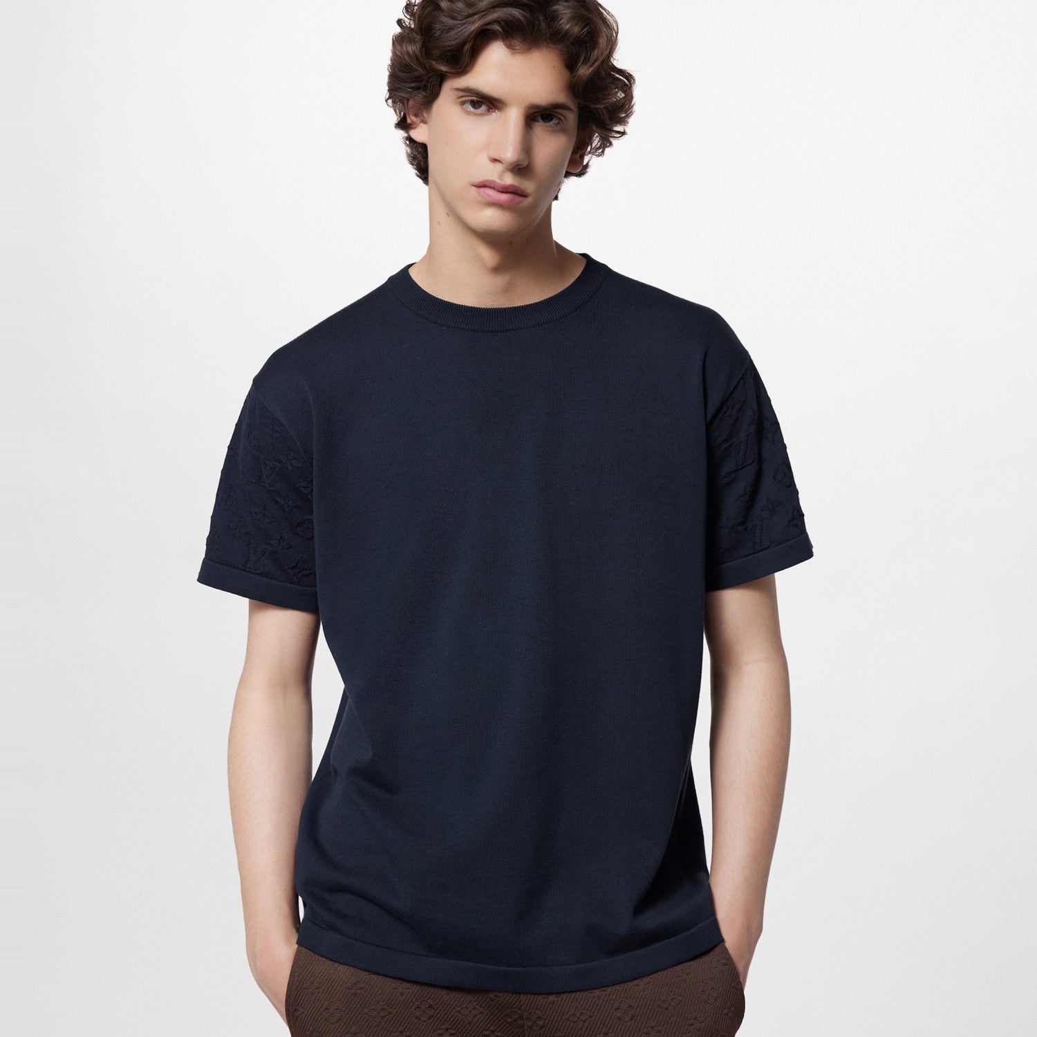 Louis Vuitton Men's Summer Letter Jacquard Pattern Navy Round Neck Cotton Short Sleeve T-Shirt #97886