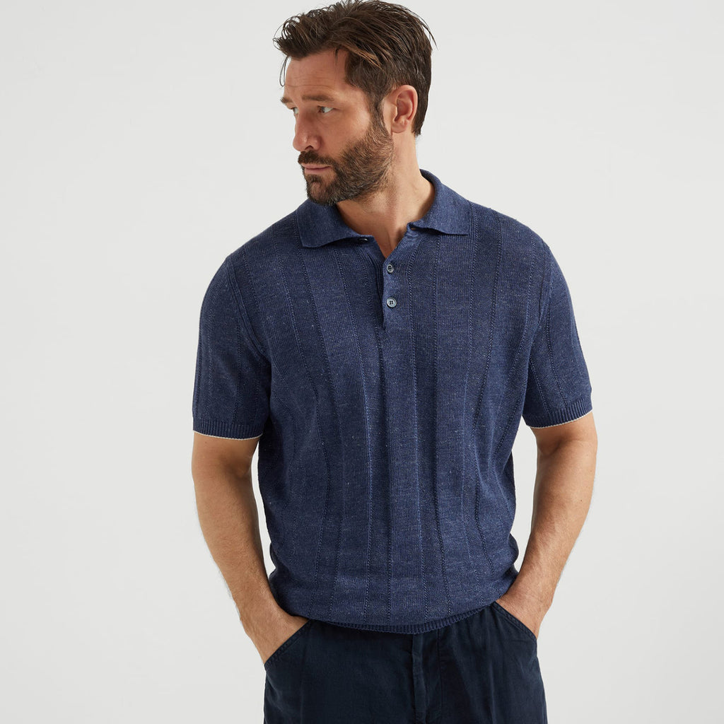 Brunello Cucinelli Men's Summer Solid Color Fitted Short Sleeve Linen And Cotton Wide Rib Knit Polo Shirt Ngvp #1559