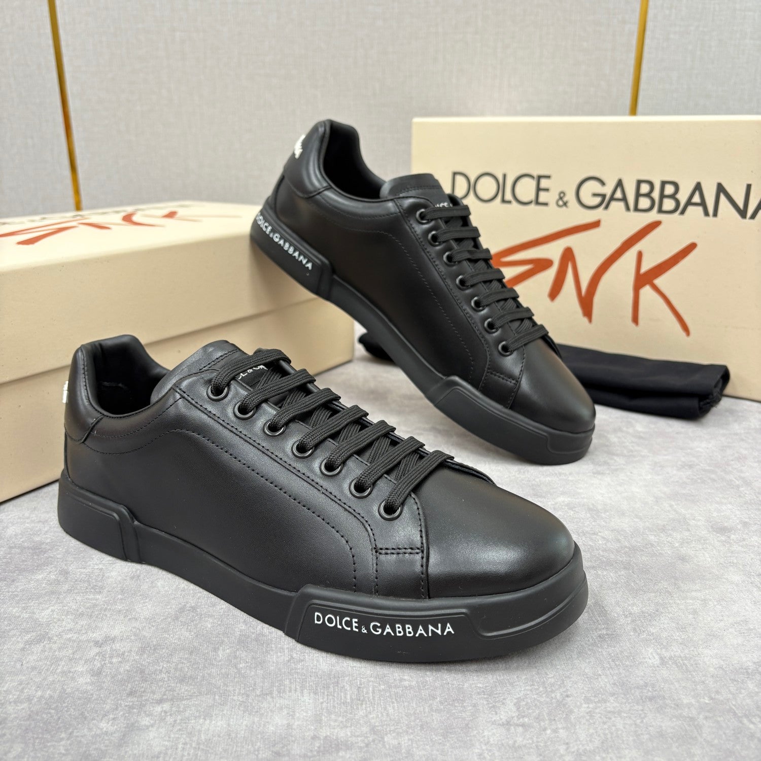 Dolce&Gabbana Men's And Women's Spring/Fall Fashion Casual Round Toe Lace Up Solid Color Leather Printed Rubber Sole Sneakers Shoes #78728