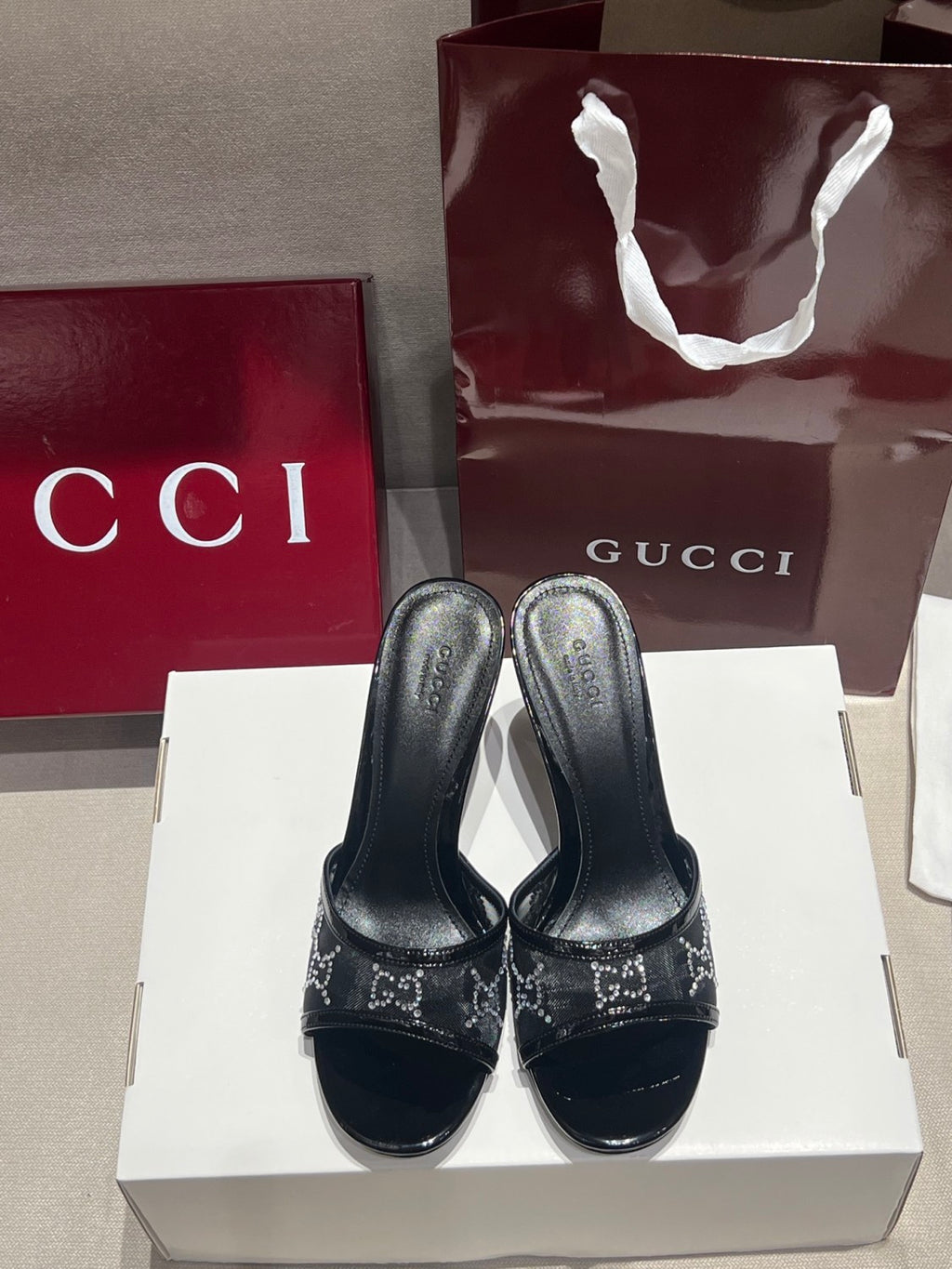 Gucci Women's Crystal Slide Sandal in Black GG Crystal Mesh#380127