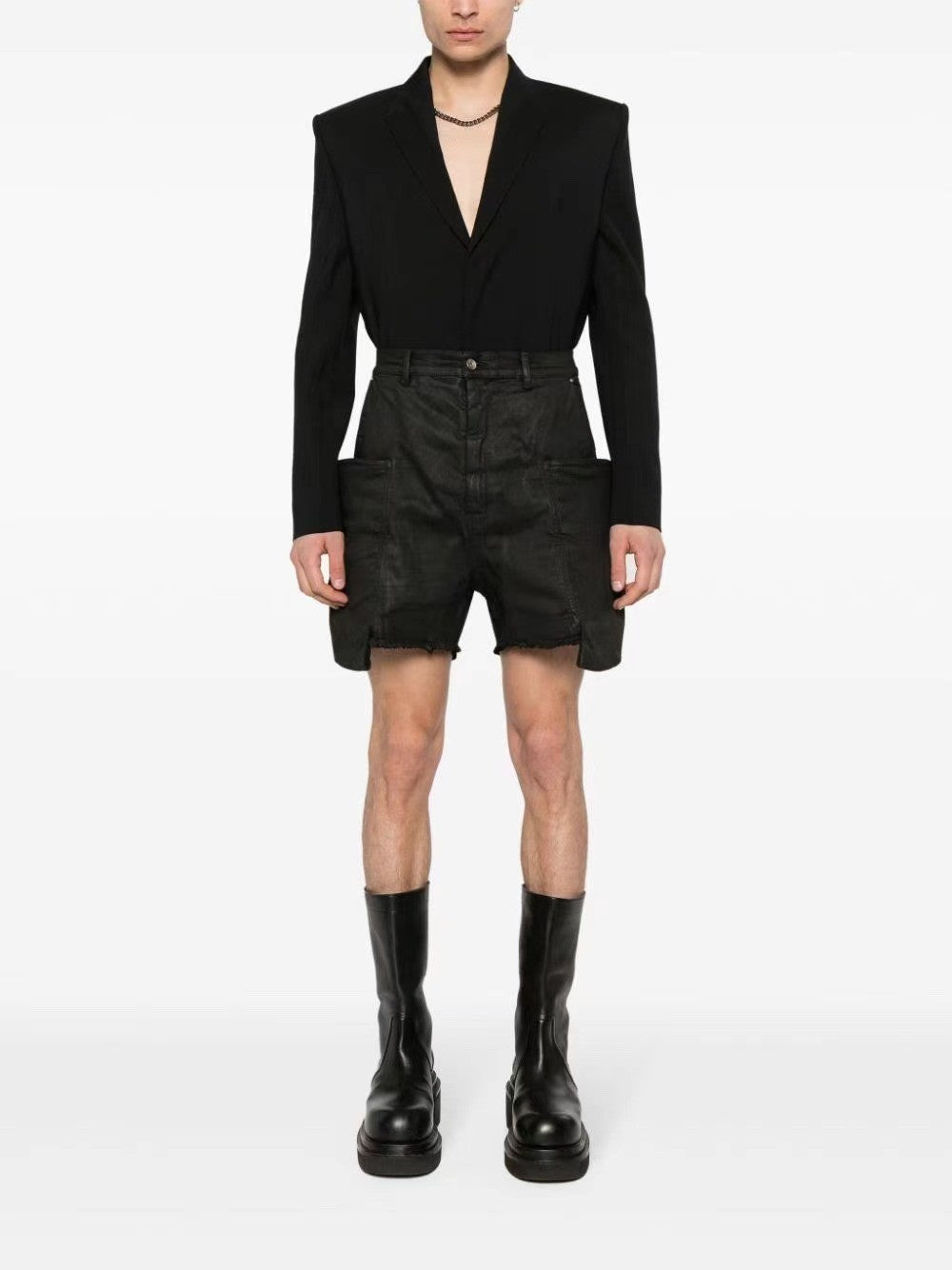 Rick Owens Men's Summer Mid Waist Zipper Loose Straight Waxed Casual Black Multi-Pocket Shorts Ngvp #8661