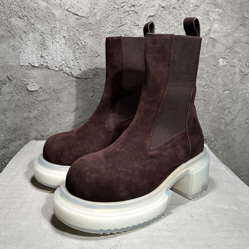 Rick Owens Men's Fall And Winter Elastic Thick Bottom Boots Round Head Suede Short Boots 7cm Fashion Trend Cowhide Mid-calf Shoes Ngvp #2466