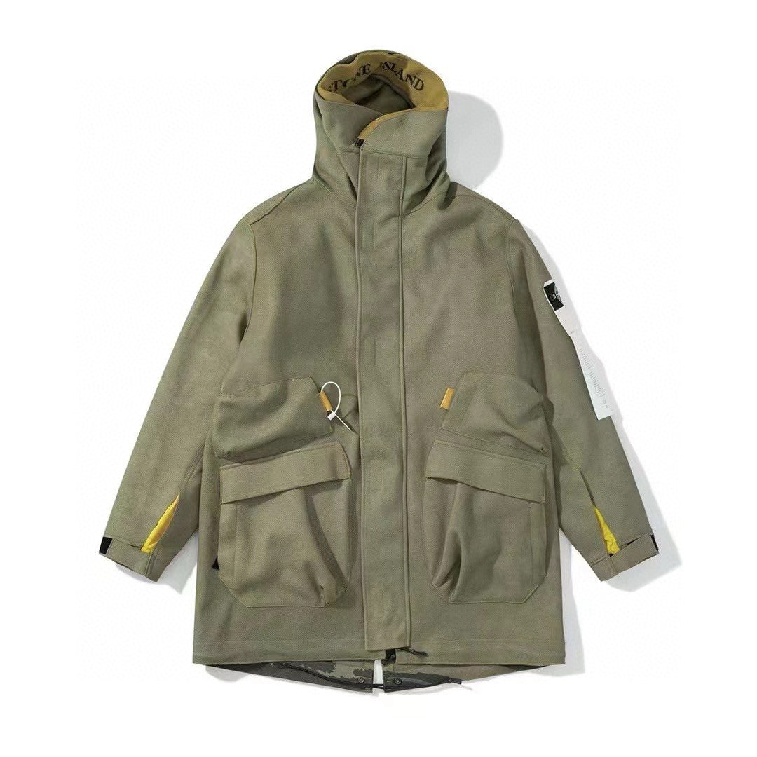 Stone Island Men's Fall And Winter Winter Thickened Suede Printed Hooded Coat Front And Back Wear Jacket With Liner #72395