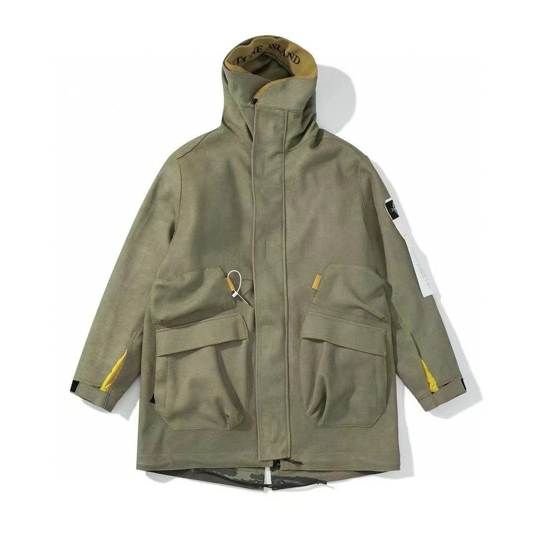 Stone Island Men's Fall And Winter Winter Thickened Suede Printed Hooded Coat Front And Back Wear Jacket With Liner #72395