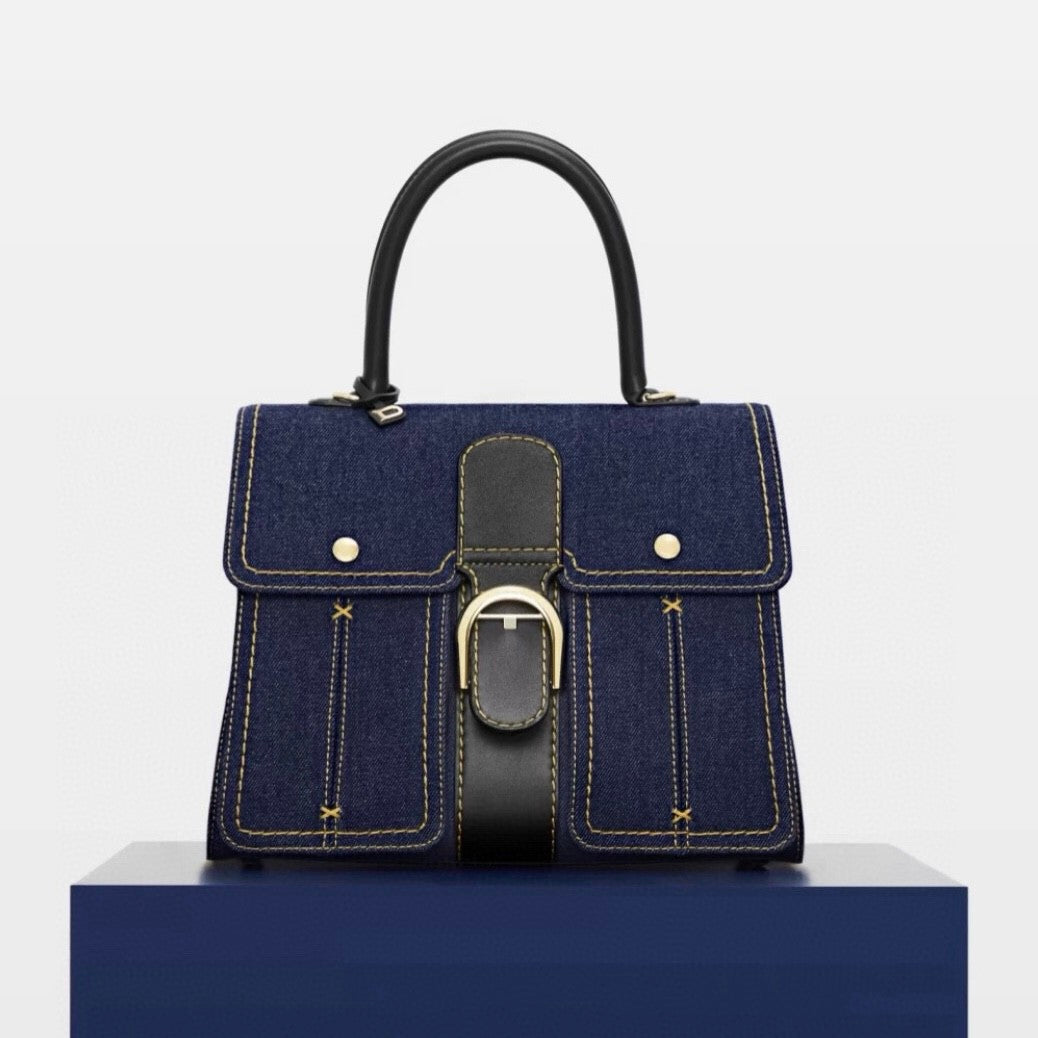 Delvaux Brillant Trench Women's Outer Stitching Solid Color Denim Patchwork Leather Tote Shoulder Bag Bags #76452