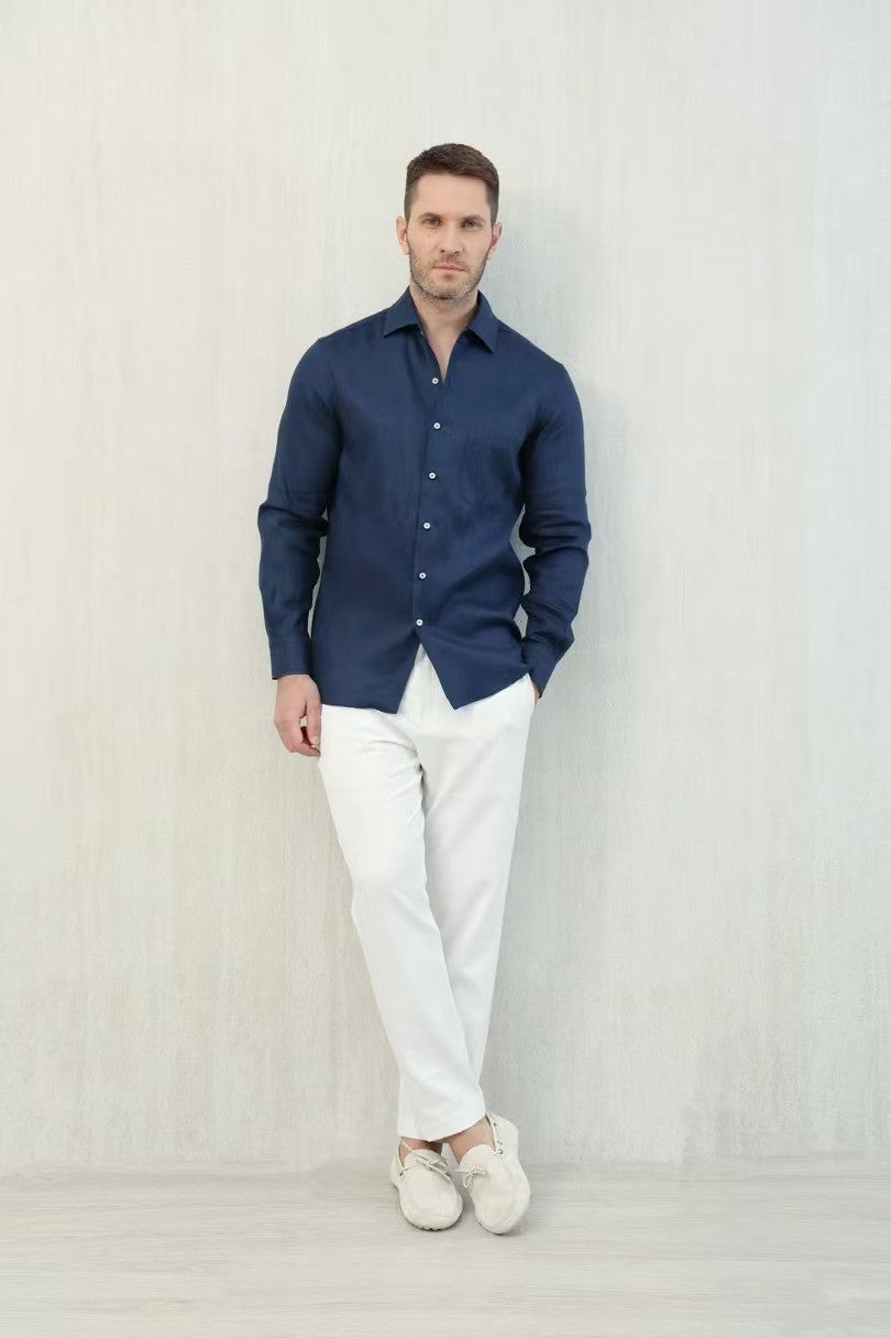 Loro Piana Men's Spring And Summer Solid Color André Shirt Lapel Single-breasted Linen Shirt Ngvp #7962