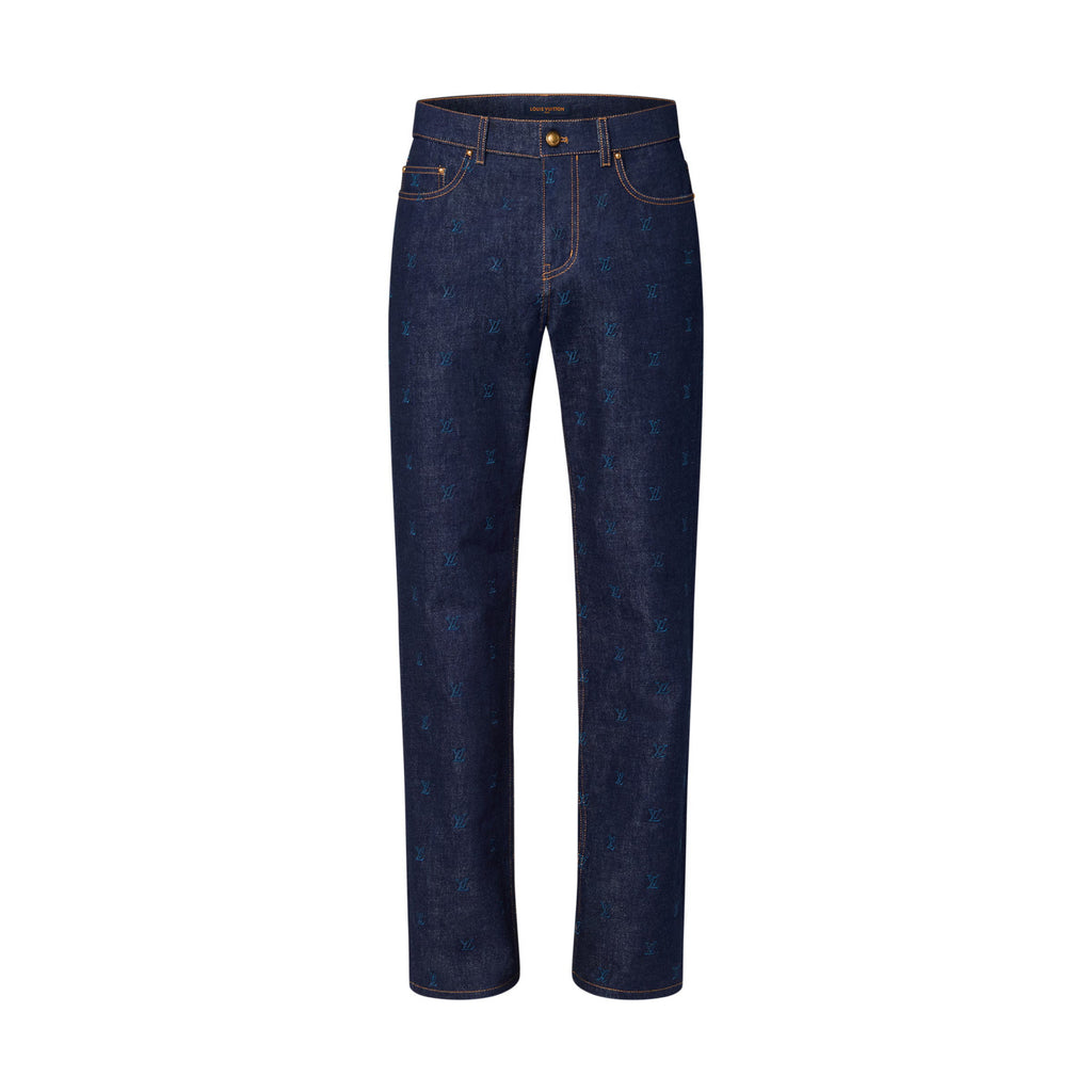 Louis Vuitton Men's Spring And Autumn Logo Embroidery Color Line Single Breasted Denim Long Sleeved Jacket Jeans Pants Set Suit #75393