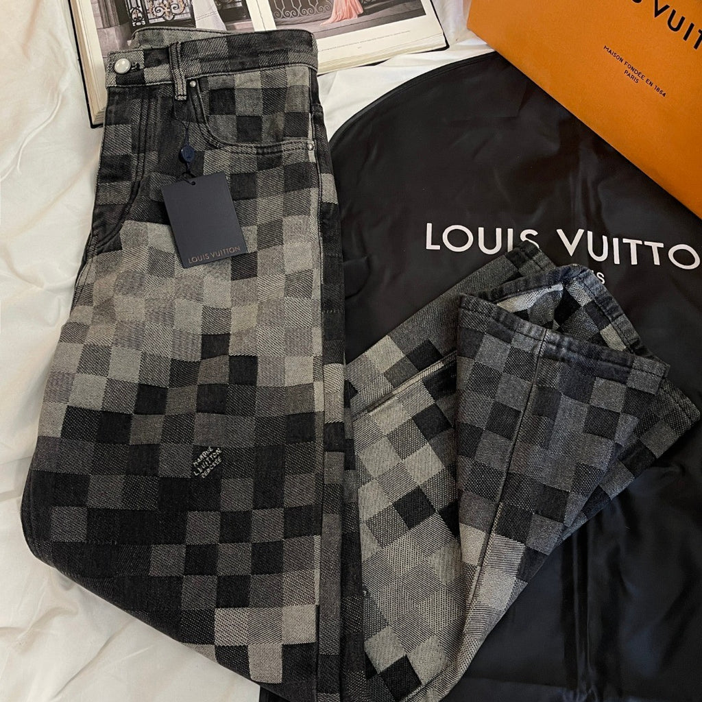Louis Vuitton Men's Fall And Winter Black And White Plaid Old Print Single Breasted Long Sleeved Denim Jacket Straight Jeans Pants Suit Set #75477