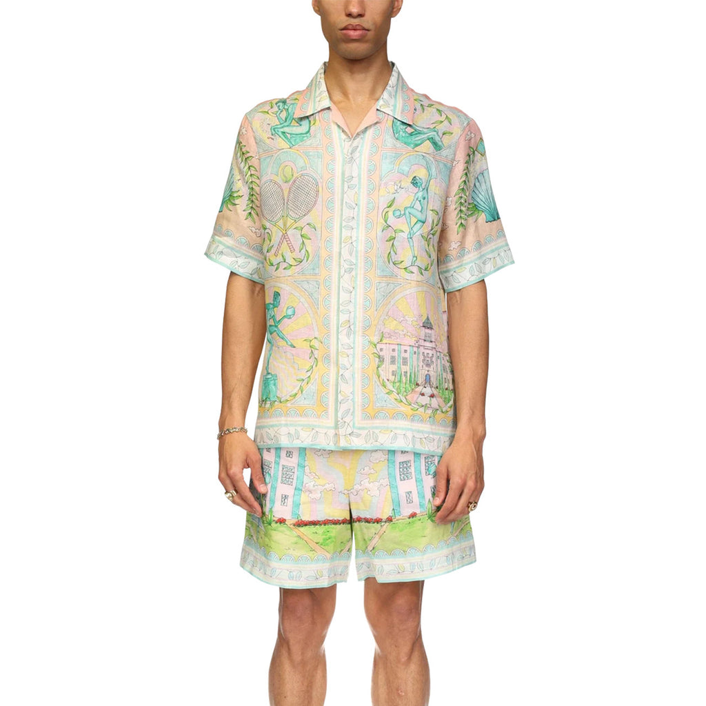 Casablanca Men's Women's Spring And Autumn Vase Print Lapel Single-Breasted Short-Sleeved Linen Shirt Casual Elastic Waist Loose Shorts Ngvp #9386