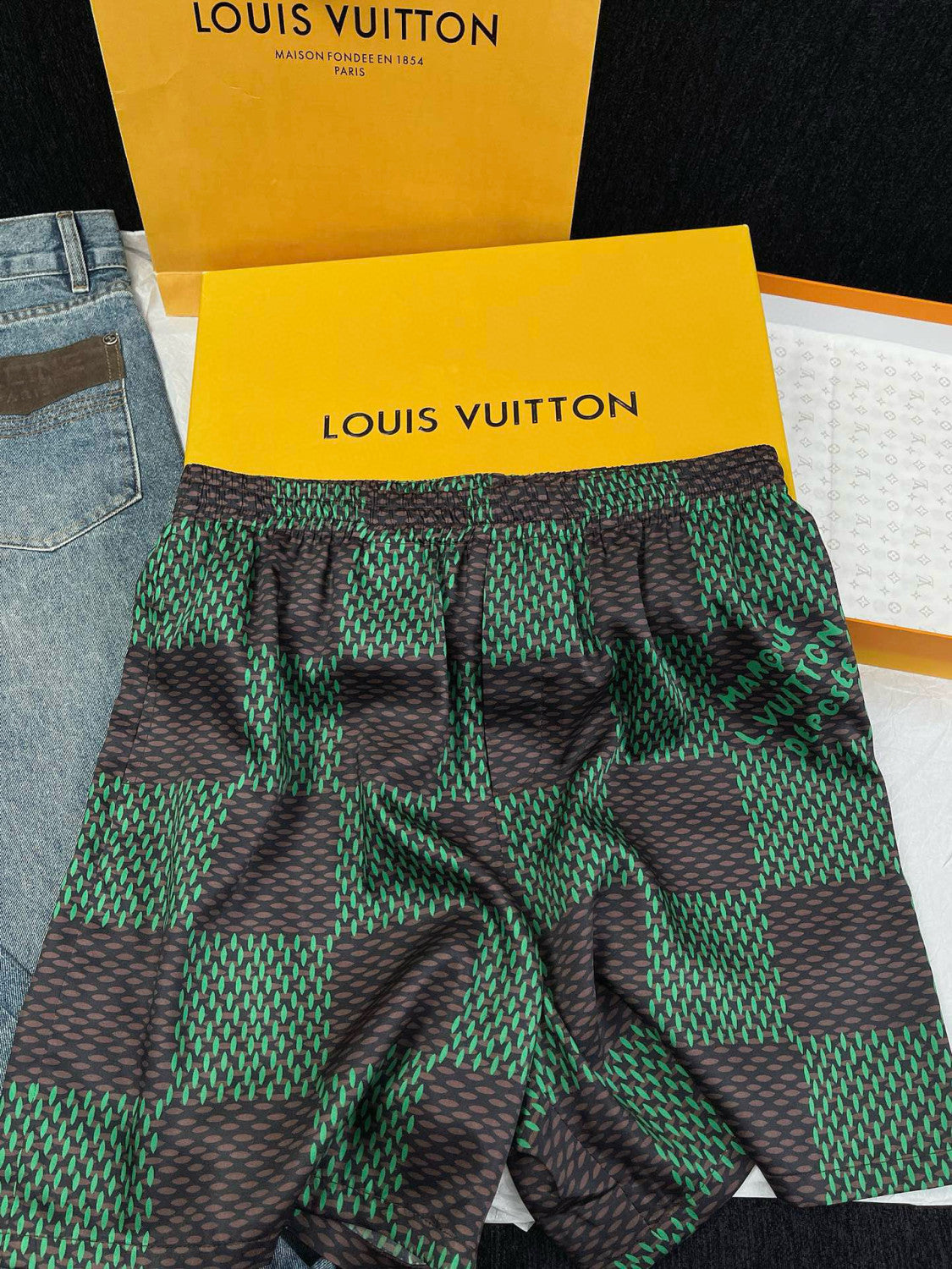 Louis Vuitton Men's Summer Green Checkerboard Logo Pattern Single Breasted Loose Short Sleeved Shirt High Waisted Elastic Leisure Shorts Pants Sei Suit #98616