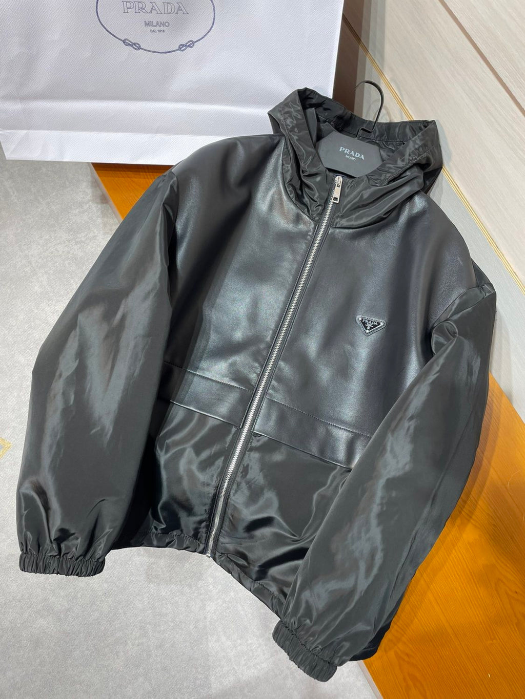 Prada Men's Spring and Fall Black Logo Patchwork High Collar Zipper Jacket #73282