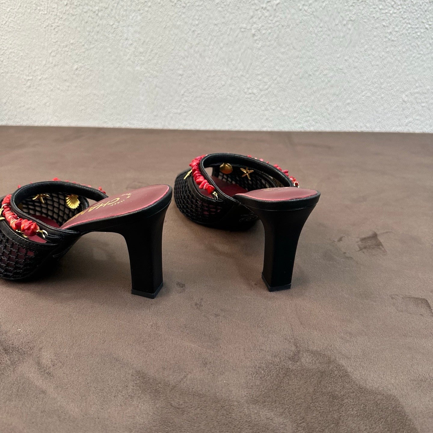 CHANEL Mules Mesh Cotton Lambskin Resin Metal Black #382390