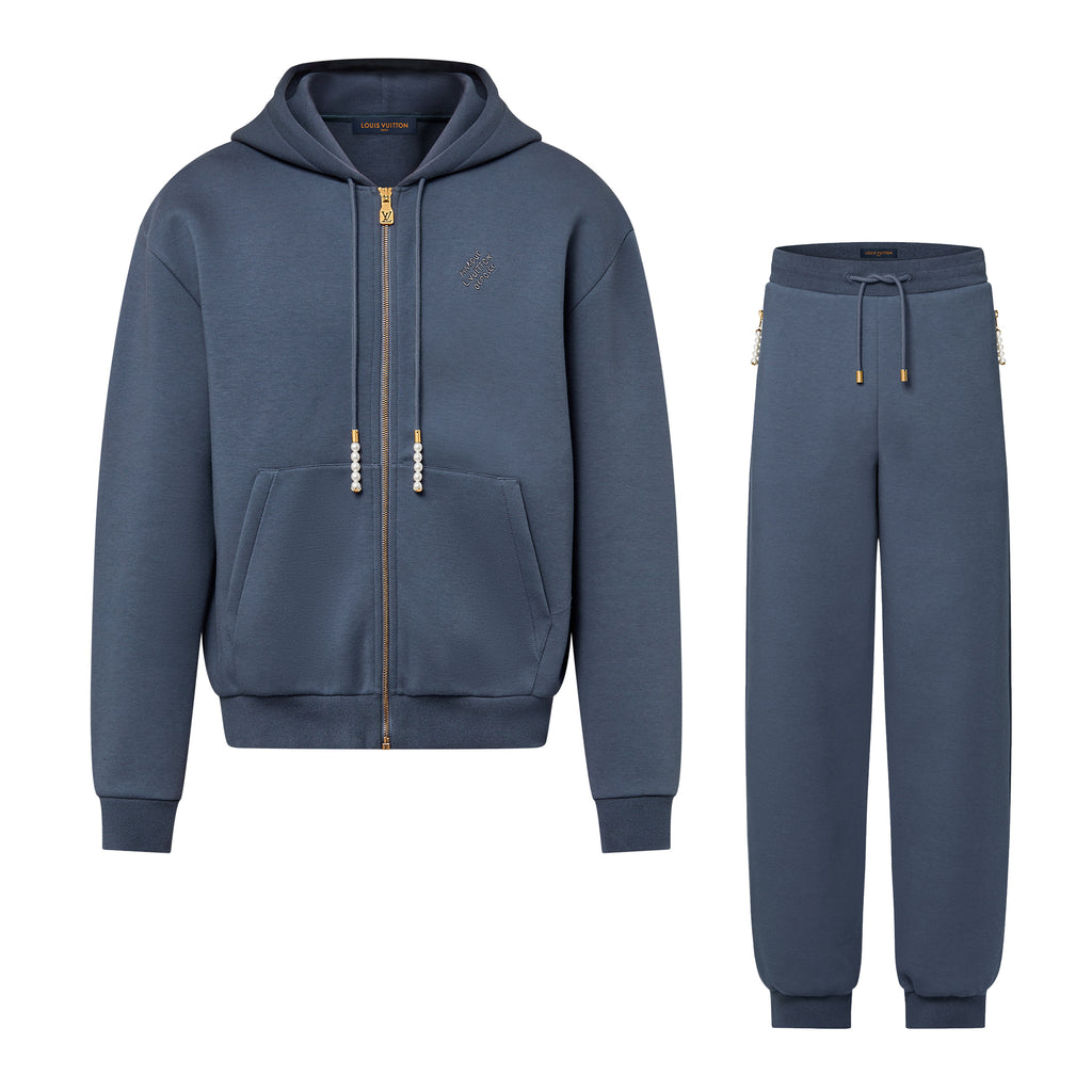 Louis Vuitton Men's Spring and Autumn Blue Embroidery Letter Logo Pearl Pendant Hooded Zipper Jacket Lace-Up Trousers Pants Set Suit #99763