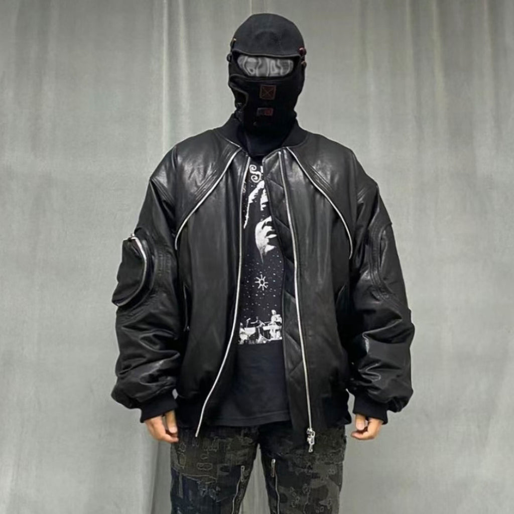 Far archive Autumn And Winter Black Men's Leather Jacket Zipper Fashion High Street Trend Zipper Pocket Jacket #81393