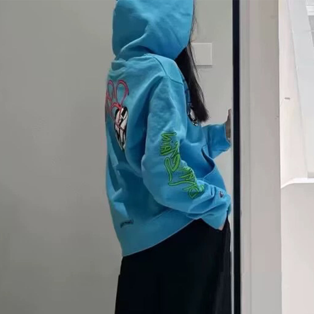Chrome Hearts  Men's Women's Spring And Summer Fashion Letter Graffiti Blue Casual Loose Hooded Sweatshirt #98725