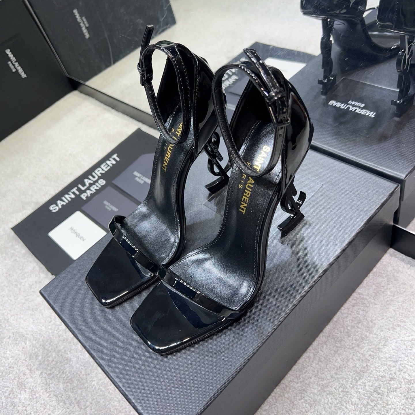 Saint Laurent OPYUM Women's Spring/Fall Fashion Classic Solid Color Leather Buckle YSL Monogram Heeled Sandals Shoes #79185