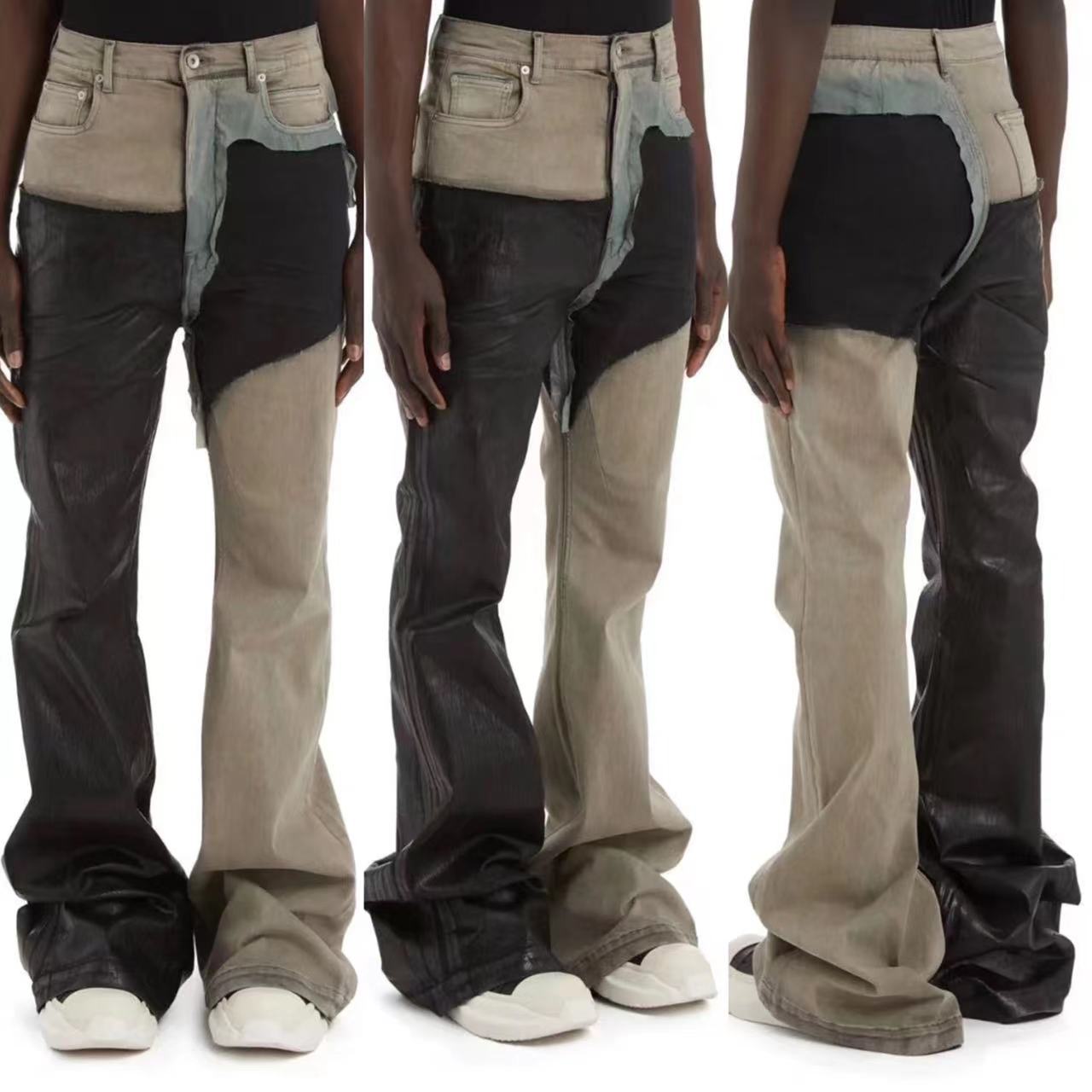 Rick Owens Men's Spring and Autumn Old Wash Splicing Coating Wax Pants Wide Leg Flare Jeans Pants #76795
