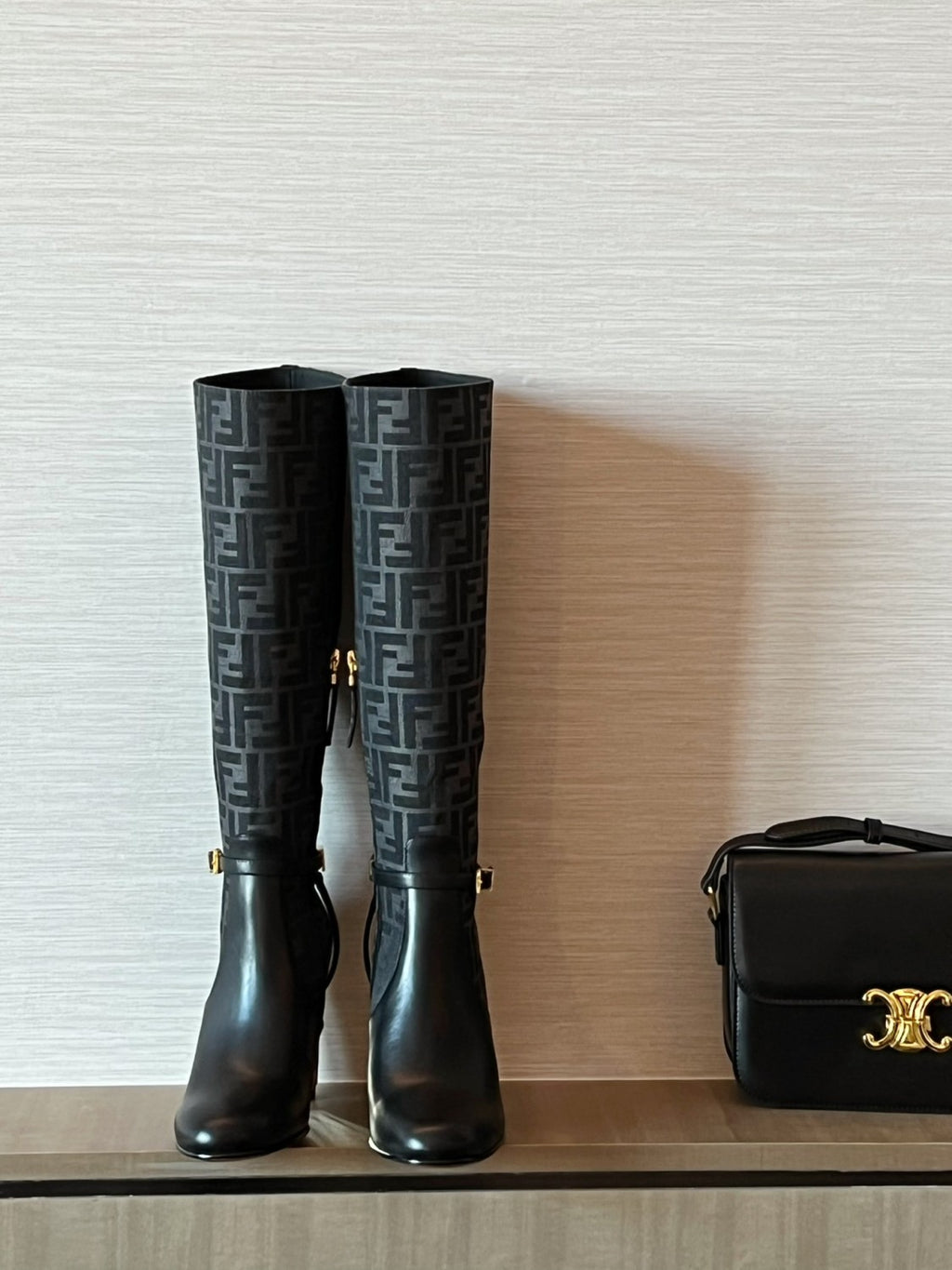 Fendi Women's Fall/Winter Fashion Classic Round Toe Leather FF Jacquard Fabric High Heel Knee High Boots Shoes #79223